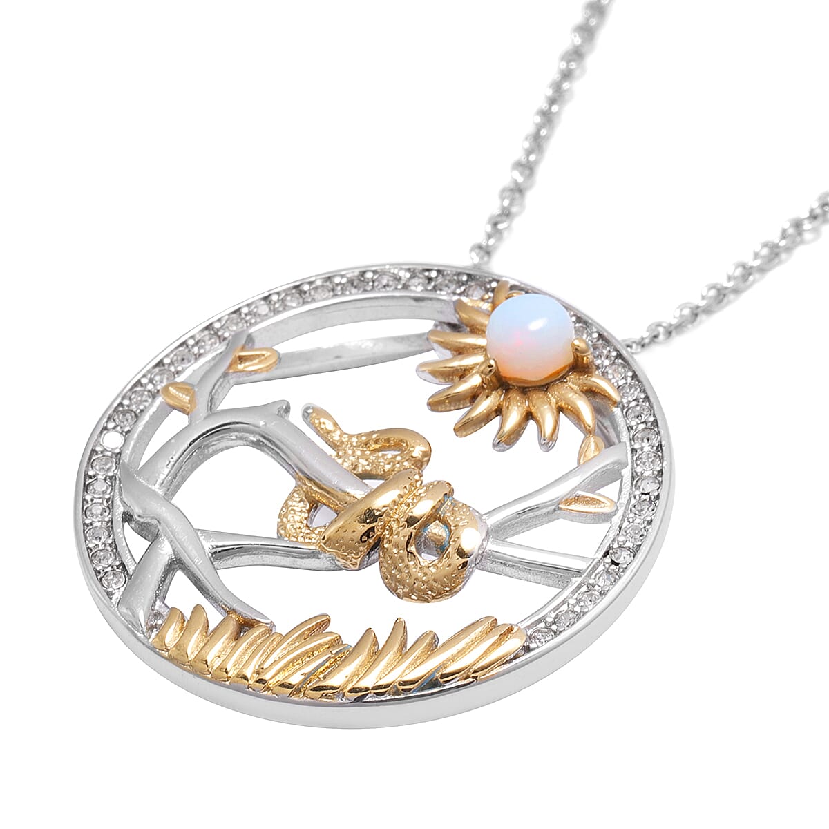 Opalite and White Austrian Crystal Snake  Pendant with Chain (Size 24) in Gold Tone and Plain Stainless Steel