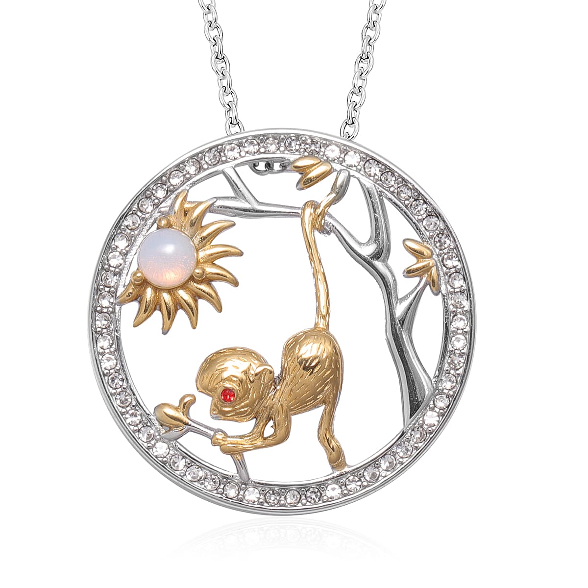 Opalite and Red, White Austrian Crystal Monkey Pendant with Chain (Size 24) in Gold Tone and Plain Stainless Steel