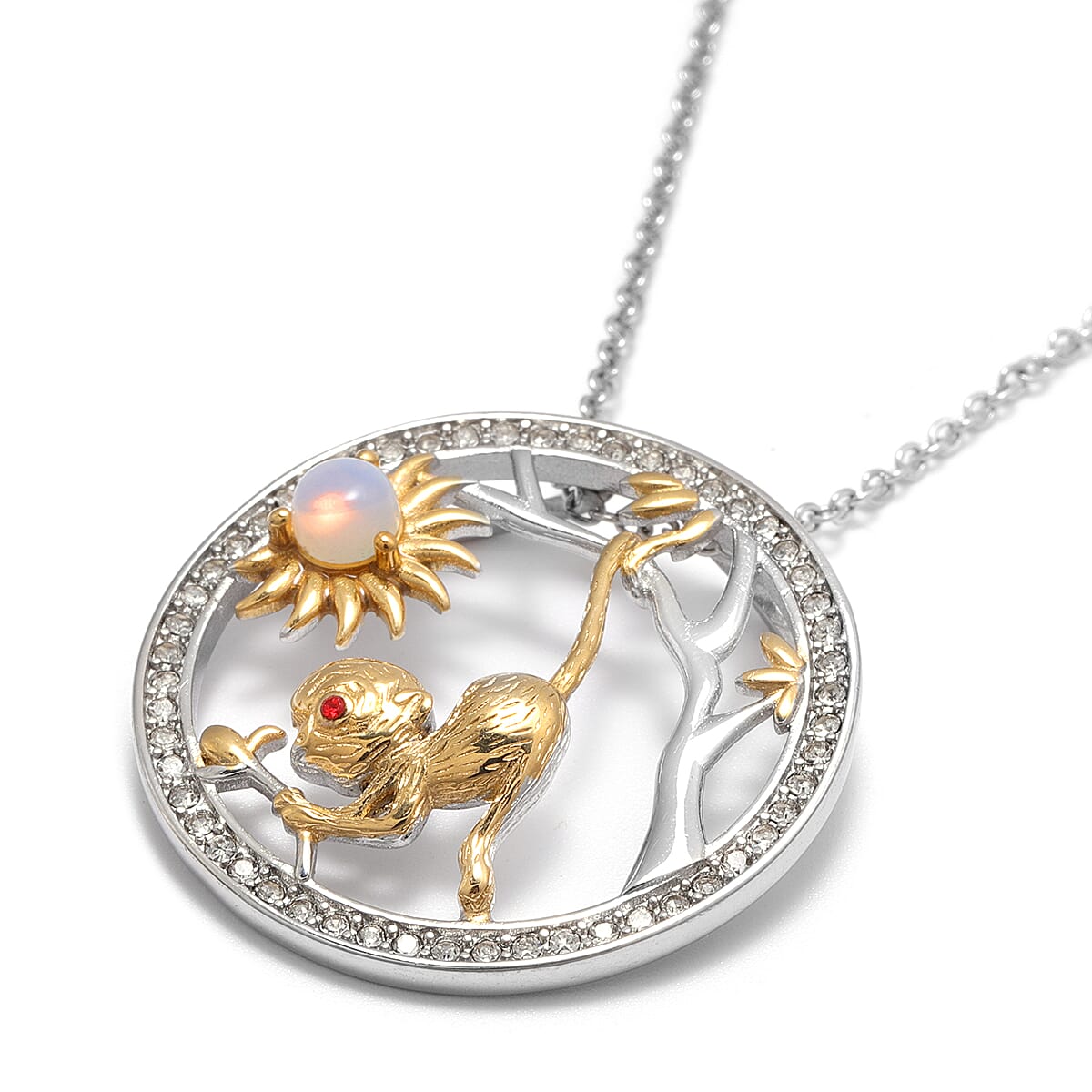 Opalite and Red, White Austrian Crystal Monkey Pendant with Chain (Size 24) in Gold Tone and Plain Stainless Steel