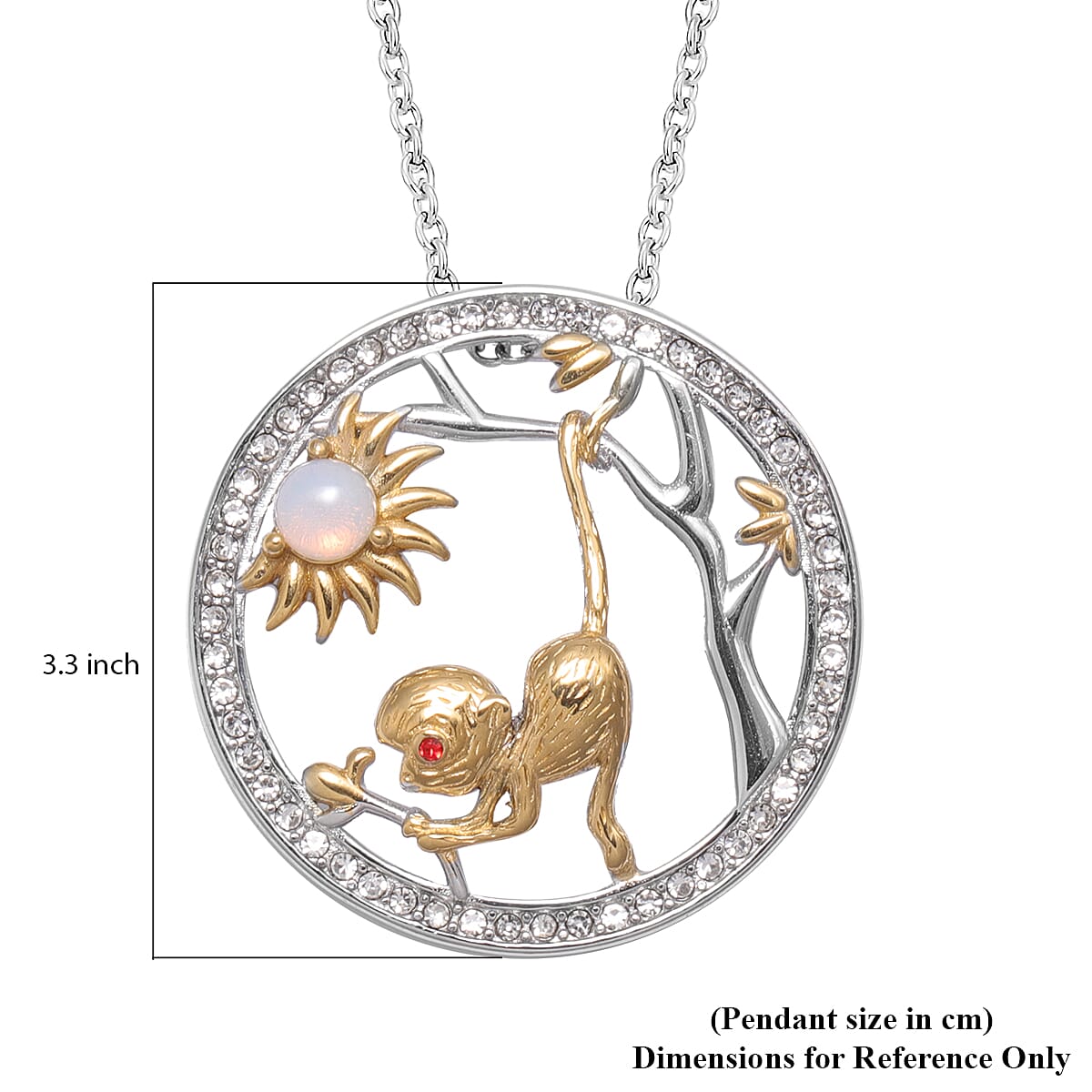 Opalite and Red, White Austrian Crystal Monkey Pendant with Chain (Size 24) in Gold Tone and Plain Stainless Steel