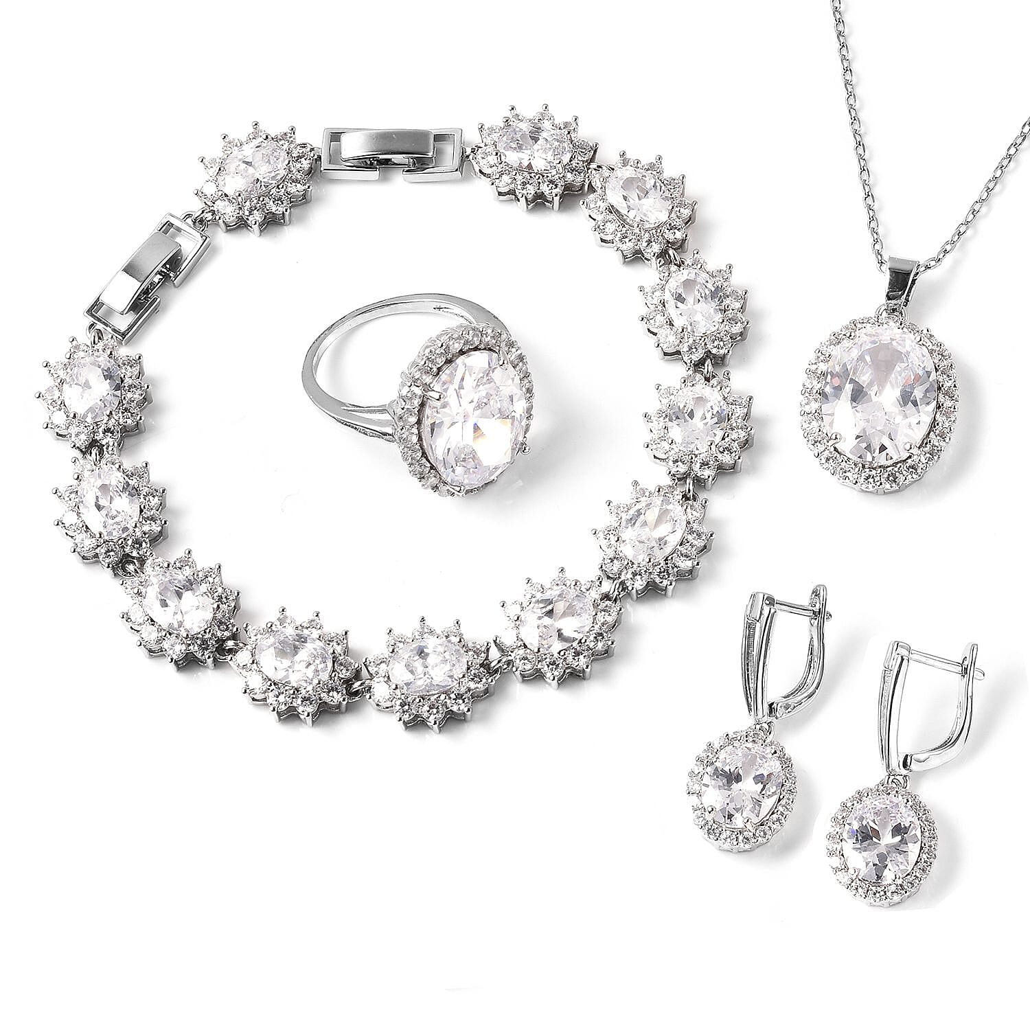 4 Piece Set -  Simulated Diamond Ring, Necklace (Size 20 with 2 inch Ext.), Barcelet (Size 8 with Extra Clasp) and Earrings (with Clasp) in Silver Tone