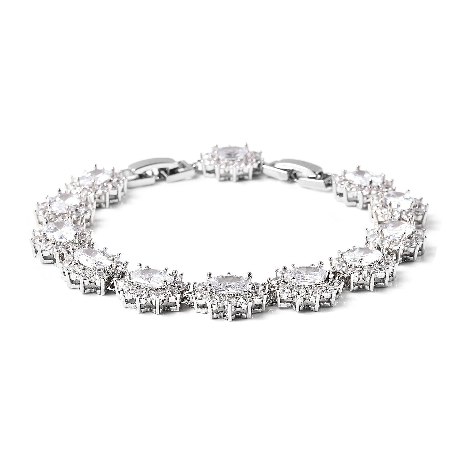 4 Piece Set -  Simulated Diamond Ring, Necklace (Size 20 with 2 inch Ext.), Barcelet (Size 8 with Extra Clasp) and Earrings (with Clasp) in Silver Tone
