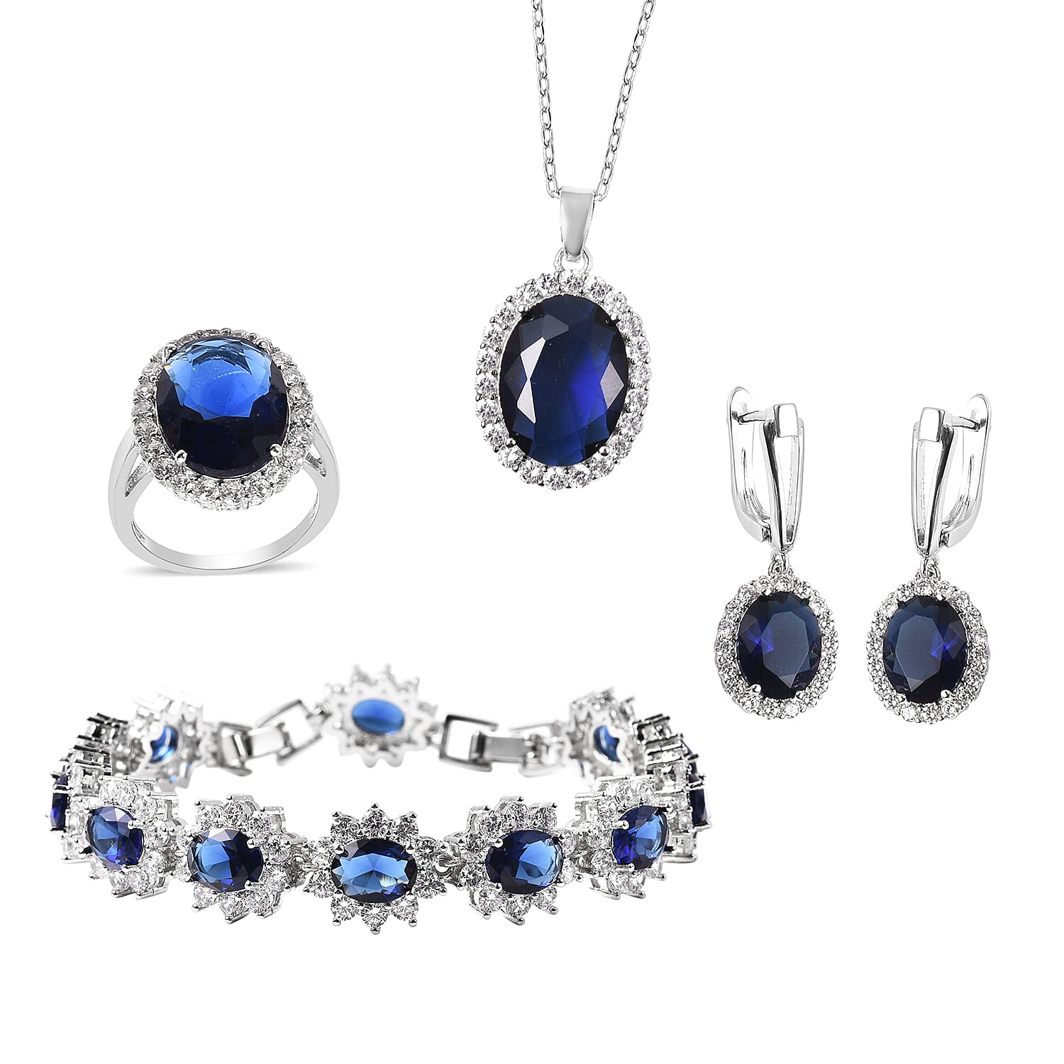 4 Piece Set -  Simulated Blue Sapphire and Simulated Diamond Ring, Necklace (Size 20 with 2 inch Ext.), Barcelet (Size 8 with Extra Clasp) and Earrings (with Clasp) in Silver Tone