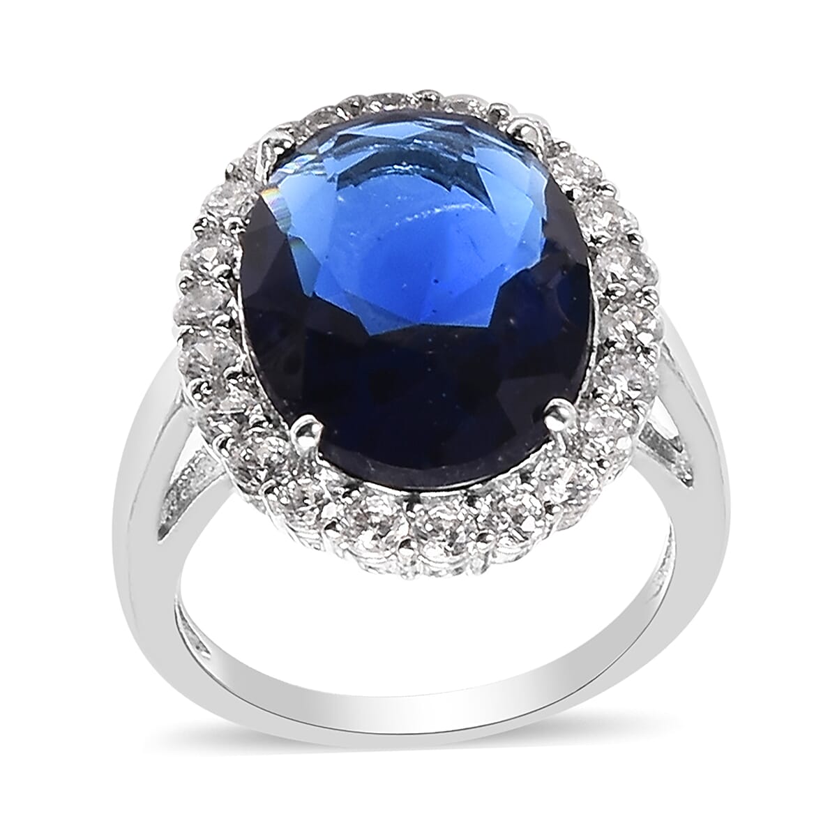 4 Piece Set -  Simulated Blue Sapphire and Simulated Diamond Ring, Necklace (Size 20 with 2 inch Ext.), Barcelet (Size 8 with Extra Clasp) and Earrings (with Clasp) in Silver Tone