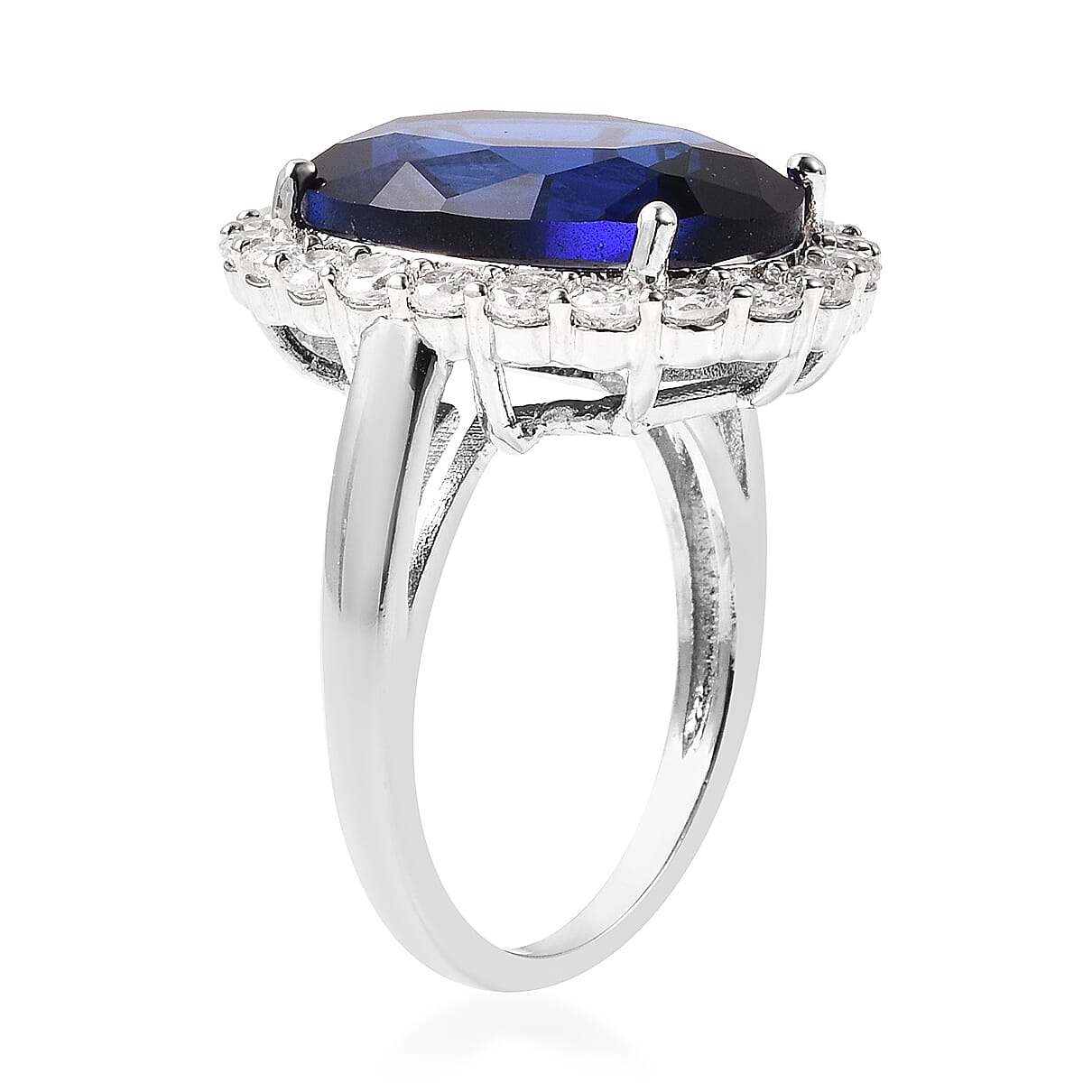 4 Piece Set -  Simulated Blue Sapphire and Simulated Diamond Ring, Necklace (Size 20 with 2 inch Ext.), Barcelet (Size 8 with Extra Clasp) and Earrings (with Clasp) in Silver Tone