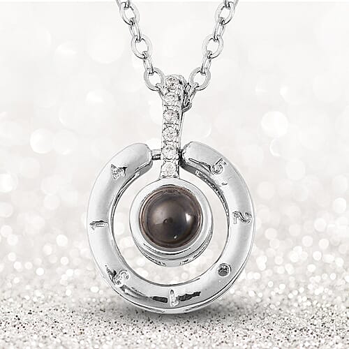 I Love You in Different Languages Projection Pendant with Chain (Size 20 with 2.5 inch Ext.) with Simulated Diamond in Silver Tone