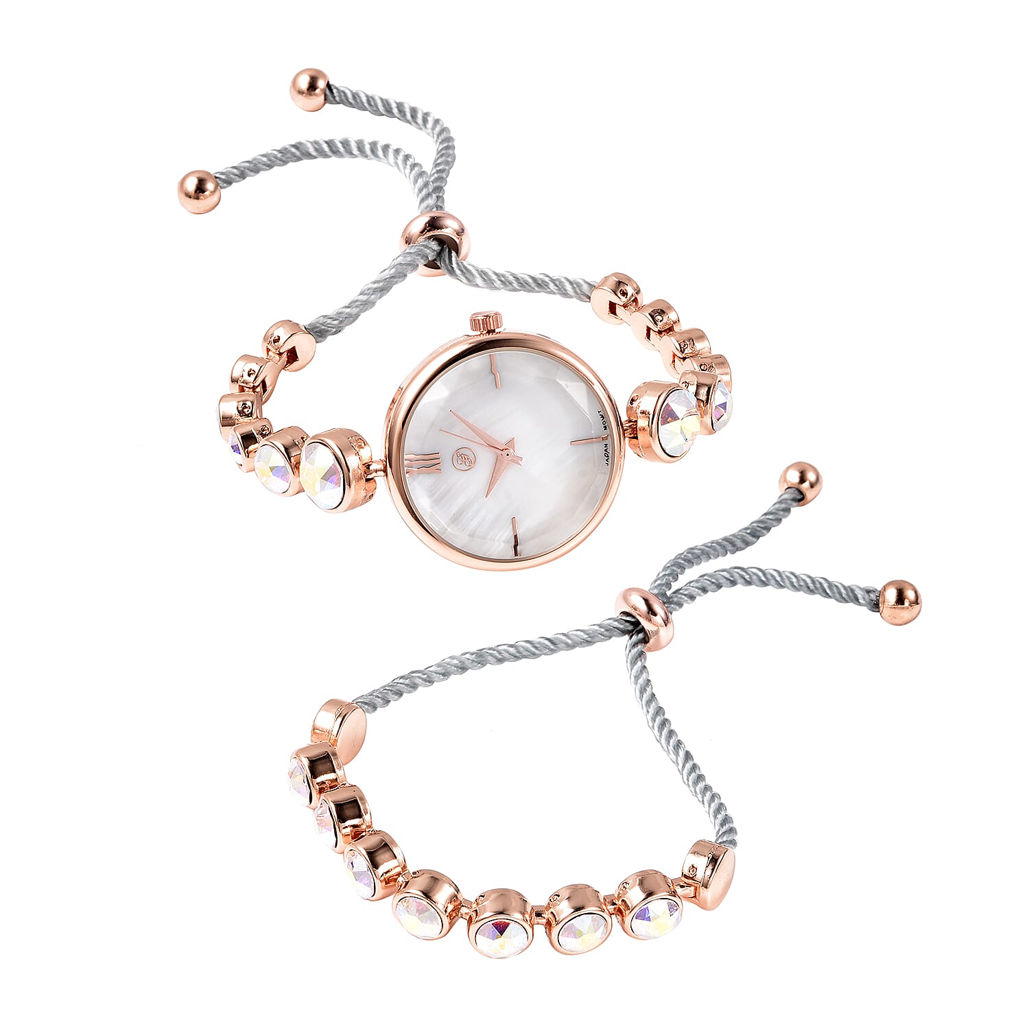 2 Piece Set - GENOA Japanese Movement  AB Crystal Studded Water Resistant Bracelet Watch and Adjustable Bolo Bracelet (Size 6-9.5) in Rose Gold Tone