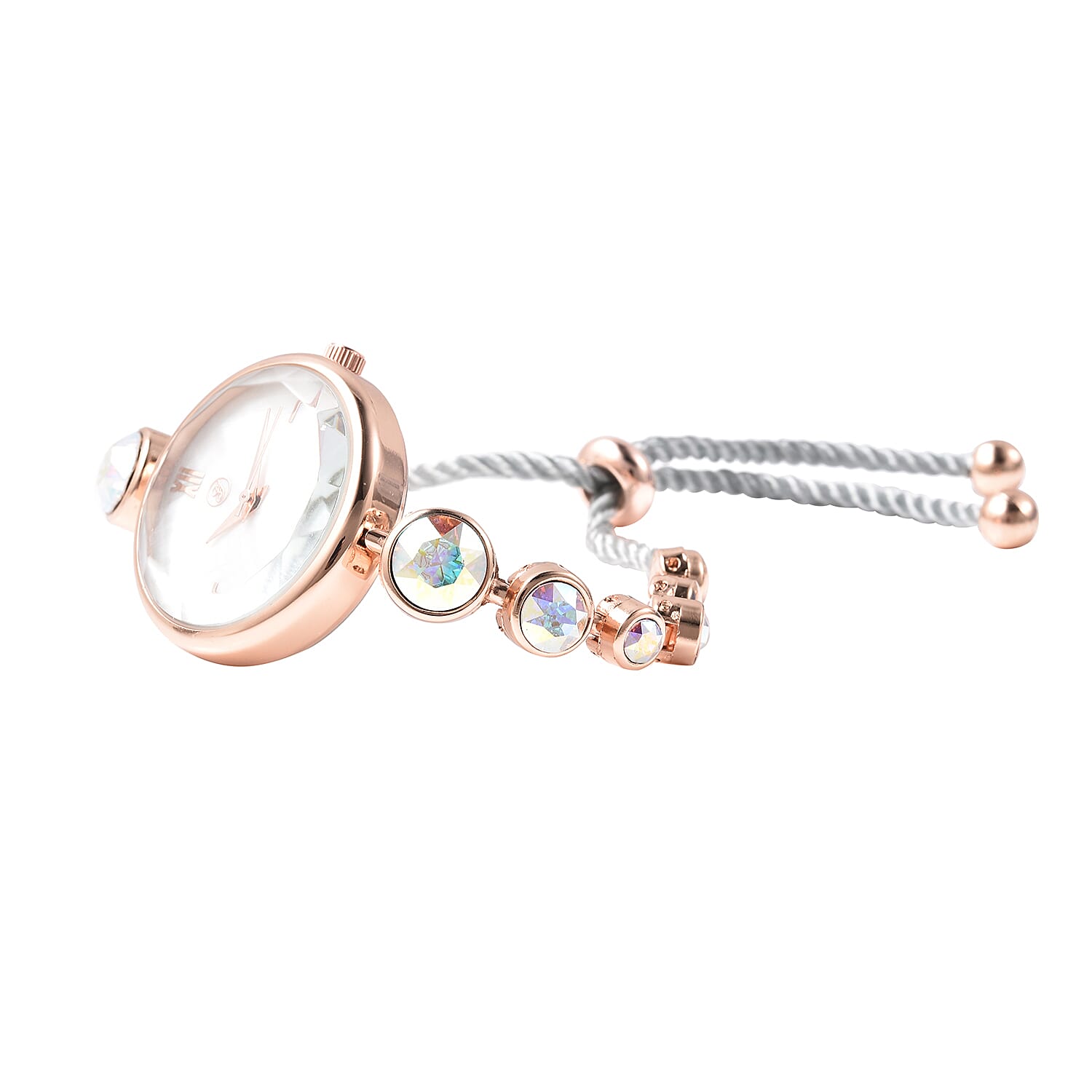 2 Piece Set - GENOA Japanese Movement  AB Crystal Studded Water Resistant Bracelet Watch and Adjustable Bolo Bracelet (Size 6-9.5) in Rose Gold Tone