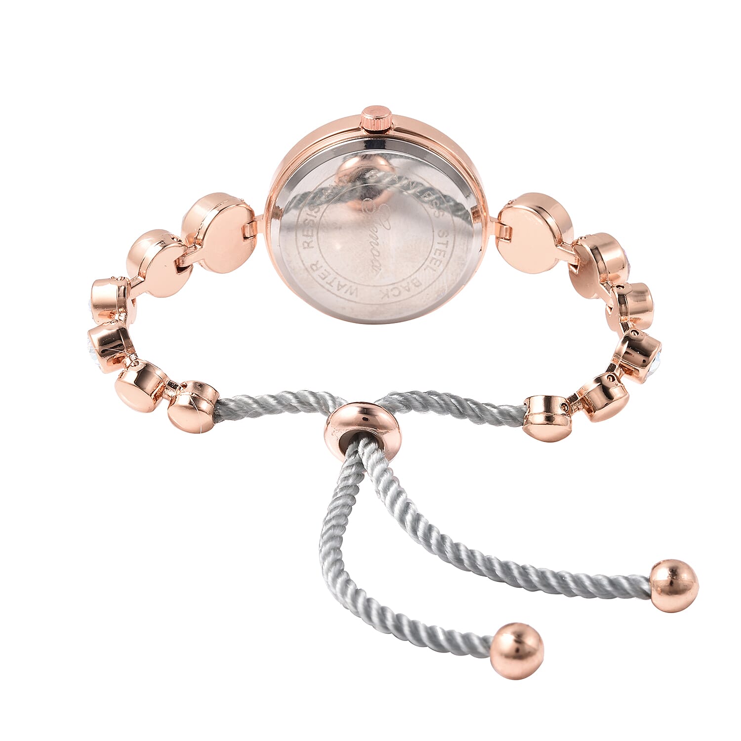 2 Piece Set - GENOA Japanese Movement  AB Crystal Studded Water Resistant Bracelet Watch and Adjustable Bolo Bracelet (Size 6-9.5) in Rose Gold Tone