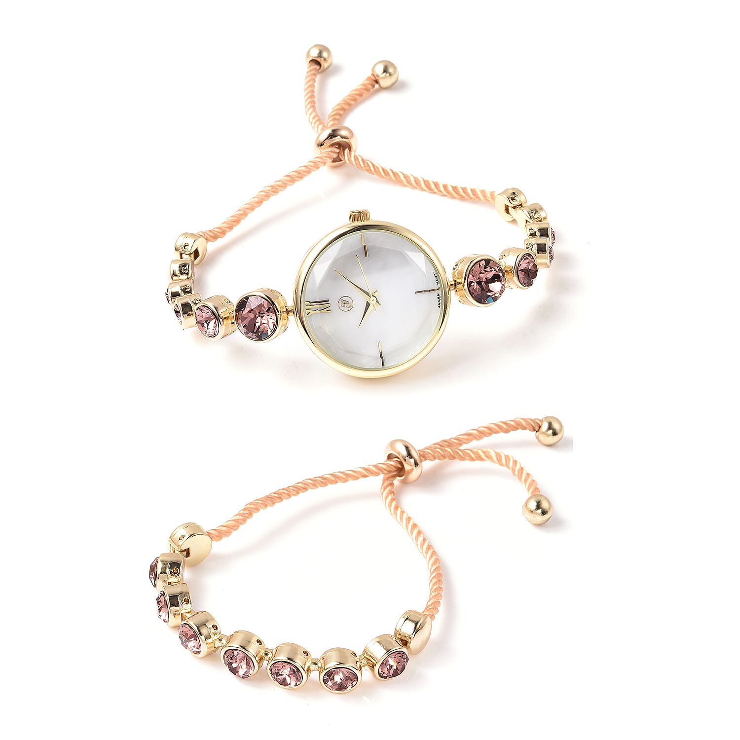 2 Piece Set - GENOA Japanese Movement Vintage Rose  Crystal Studded Water Resistant Bracelet Watch and Adjustable Bolo Bracelet (Size 6-9.5) in Yellow Gold Tone