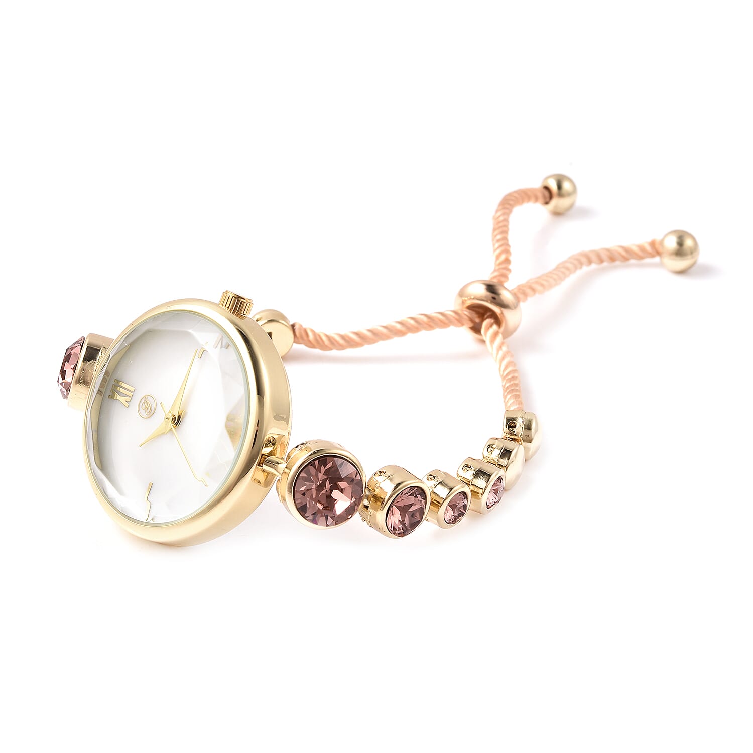 2 Piece Set - GENOA Japanese Movement Vintage Rose  Crystal Studded Water Resistant Bracelet Watch and Adjustable Bolo Bracelet (Size 6-9.5) in Yellow Gold Tone