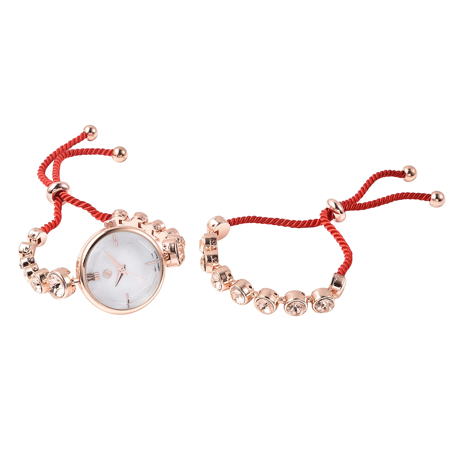 2 Piece Set - GENOA Japanese Movement Champagne  Crystal Studded Water Resistant Bracelet Watch and Adjustable Bolo Bracelet (Size 6-9.5) in Rose Gold Tone