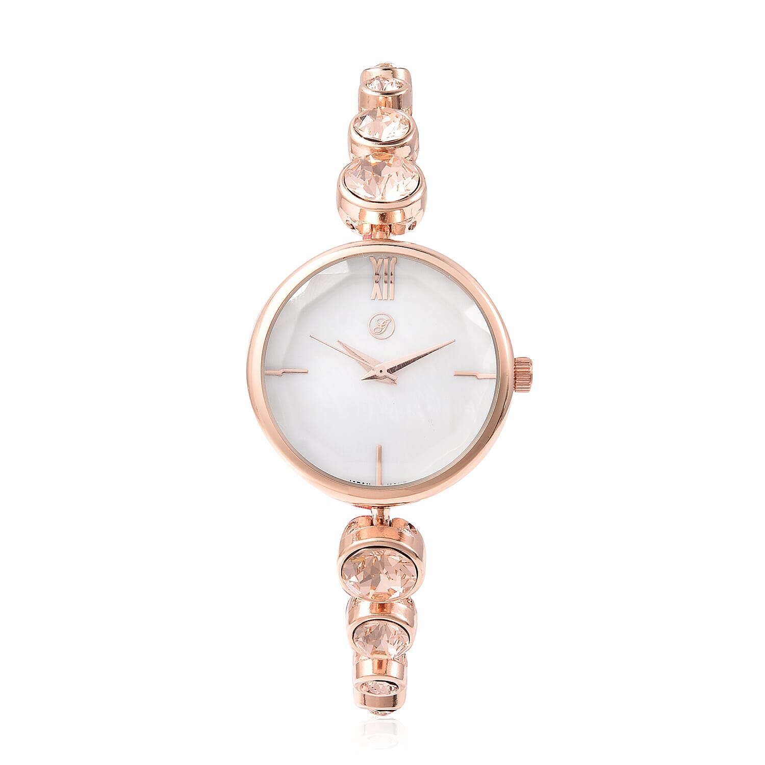 2 Piece Set - GENOA Japanese Movement Champagne  Crystal Studded Water Resistant Bracelet Watch and Adjustable Bolo Bracelet (Size 6-9.5) in Rose Gold Tone