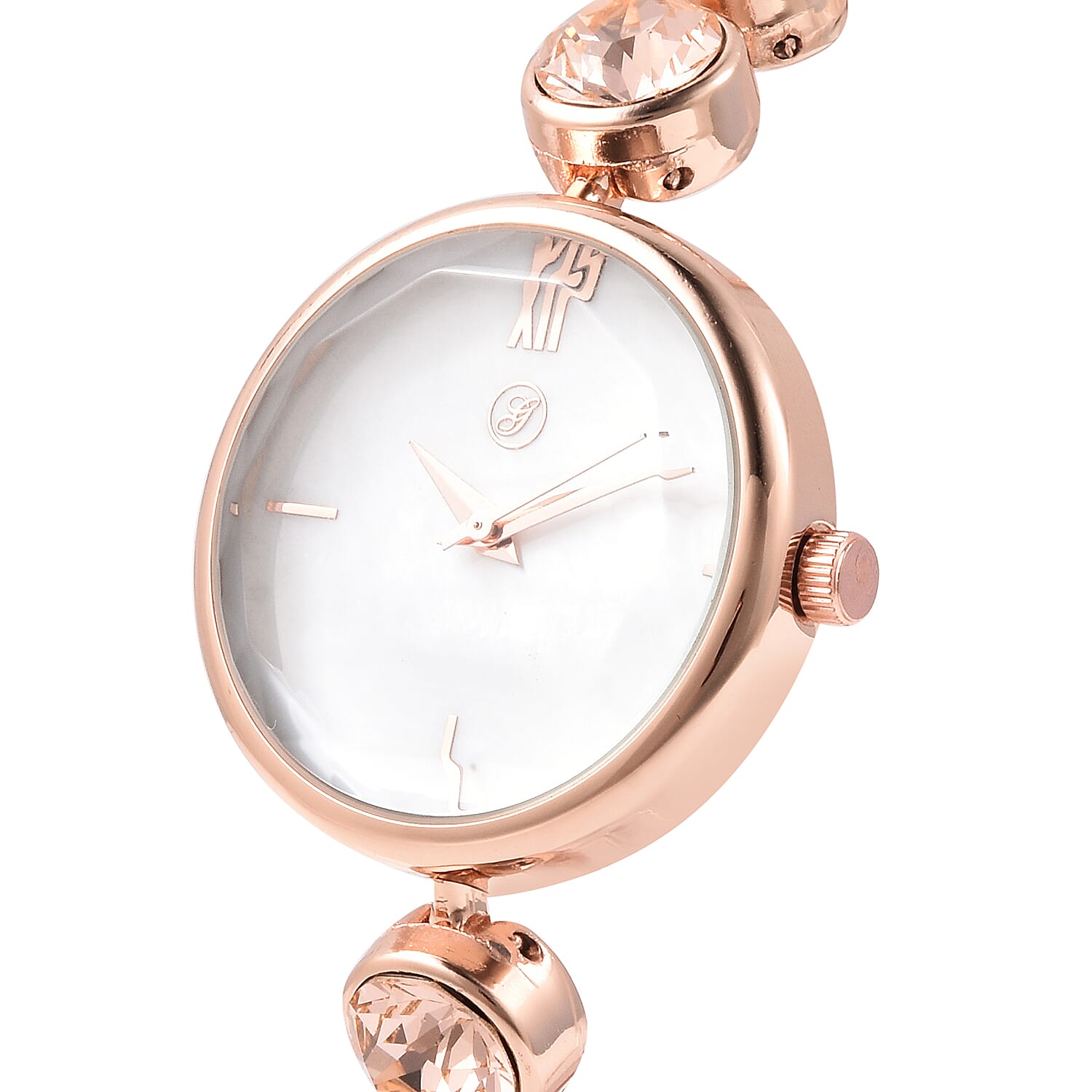 2 Piece Set - GENOA Japanese Movement Champagne  Crystal Studded Water Resistant Bracelet Watch and Adjustable Bolo Bracelet (Size 6-9.5) in Rose Gold Tone