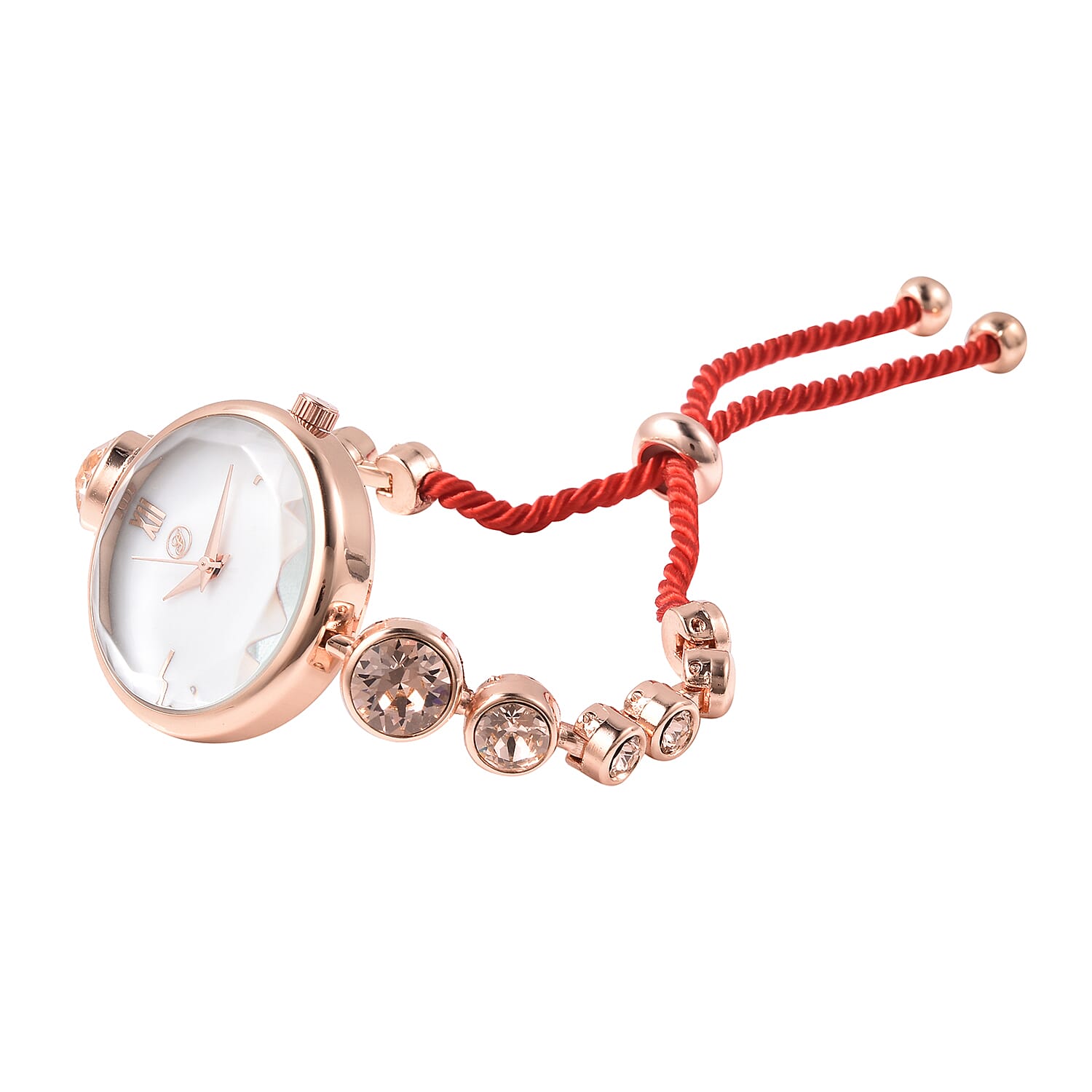 2 Piece Set - GENOA Japanese Movement Champagne  Crystal Studded Water Resistant Bracelet Watch and Adjustable Bolo Bracelet (Size 6-9.5) in Rose Gold Tone