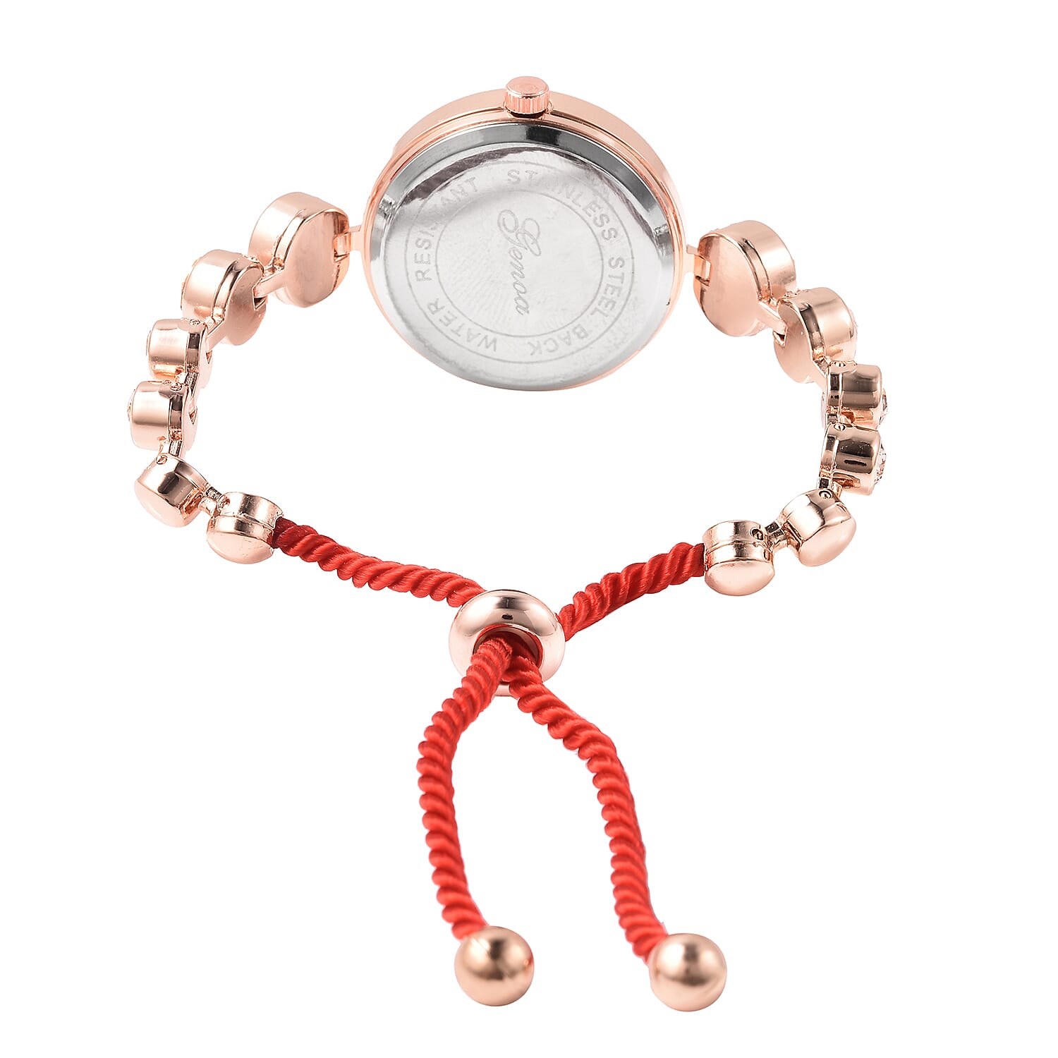 2 Piece Set - GENOA Japanese Movement Champagne  Crystal Studded Water Resistant Bracelet Watch and Adjustable Bolo Bracelet (Size 6-9.5) in Rose Gold Tone