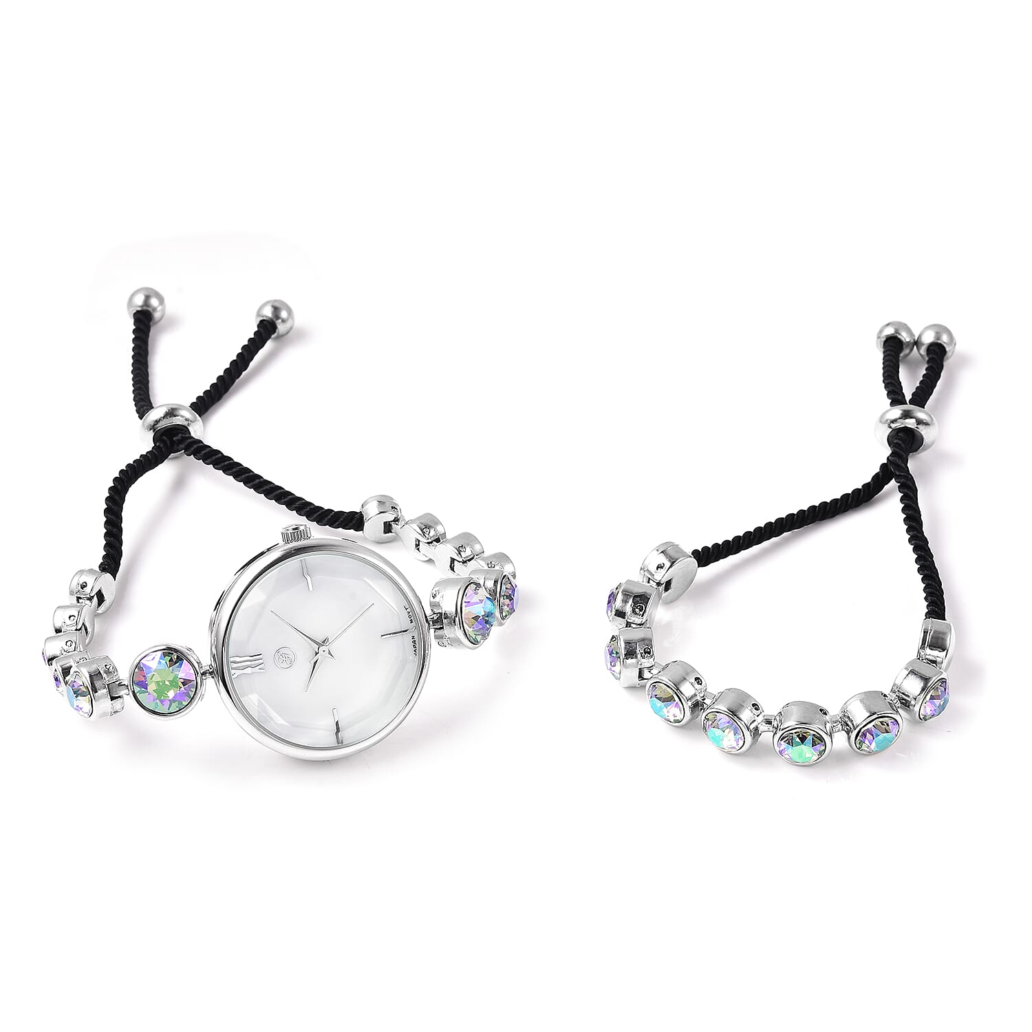 2 Piece Set - GENOA Japanese Movement Magic Colour  Crystal Studded Water Resistant Bracelet Watch and Adjustable Bolo Bracelet (Size 6-9.5) in Silver Tone