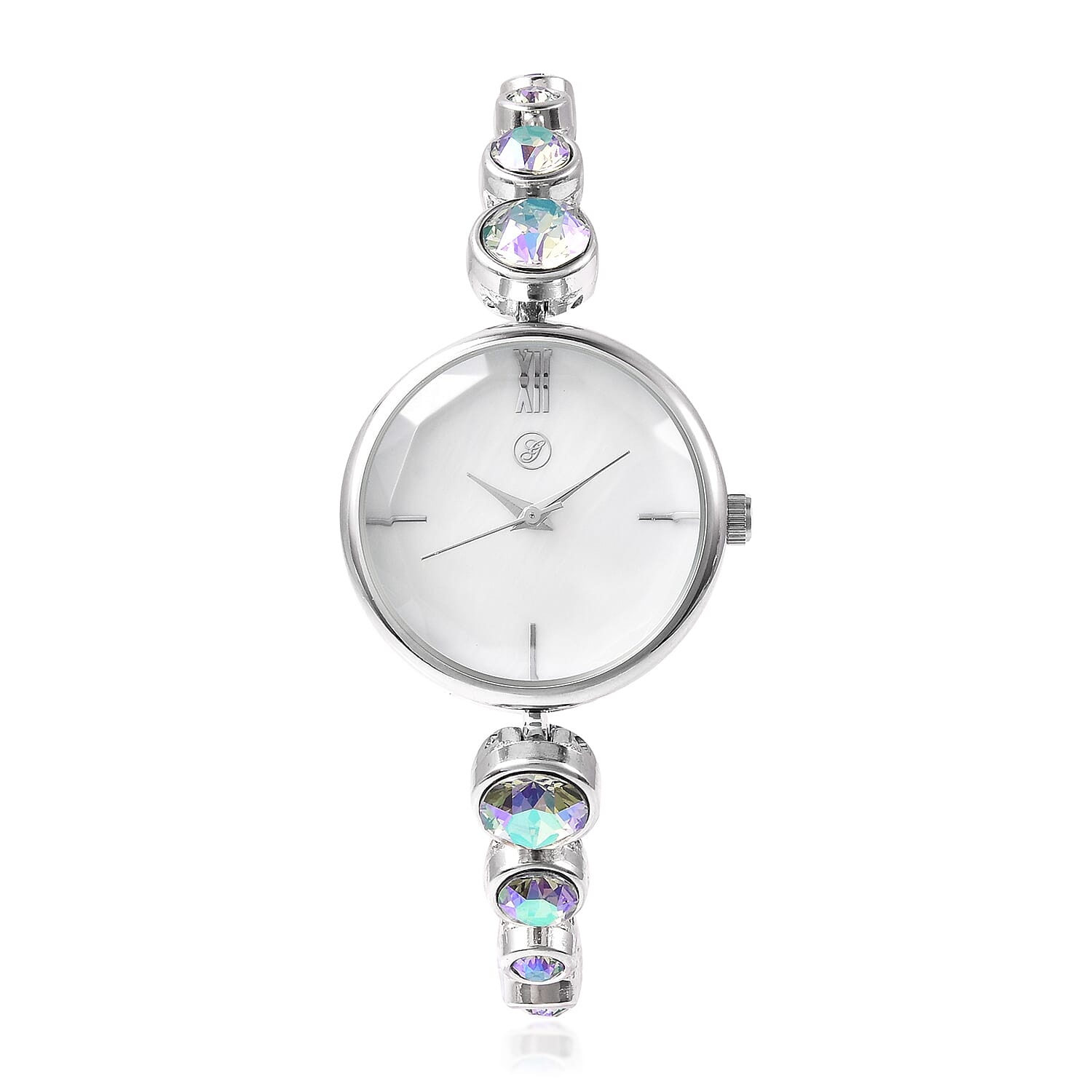 2 Piece Set - GENOA Japanese Movement Magic Colour  Crystal Studded Water Resistant Bracelet Watch and Adjustable Bolo Bracelet (Size 6-9.5) in Silver Tone