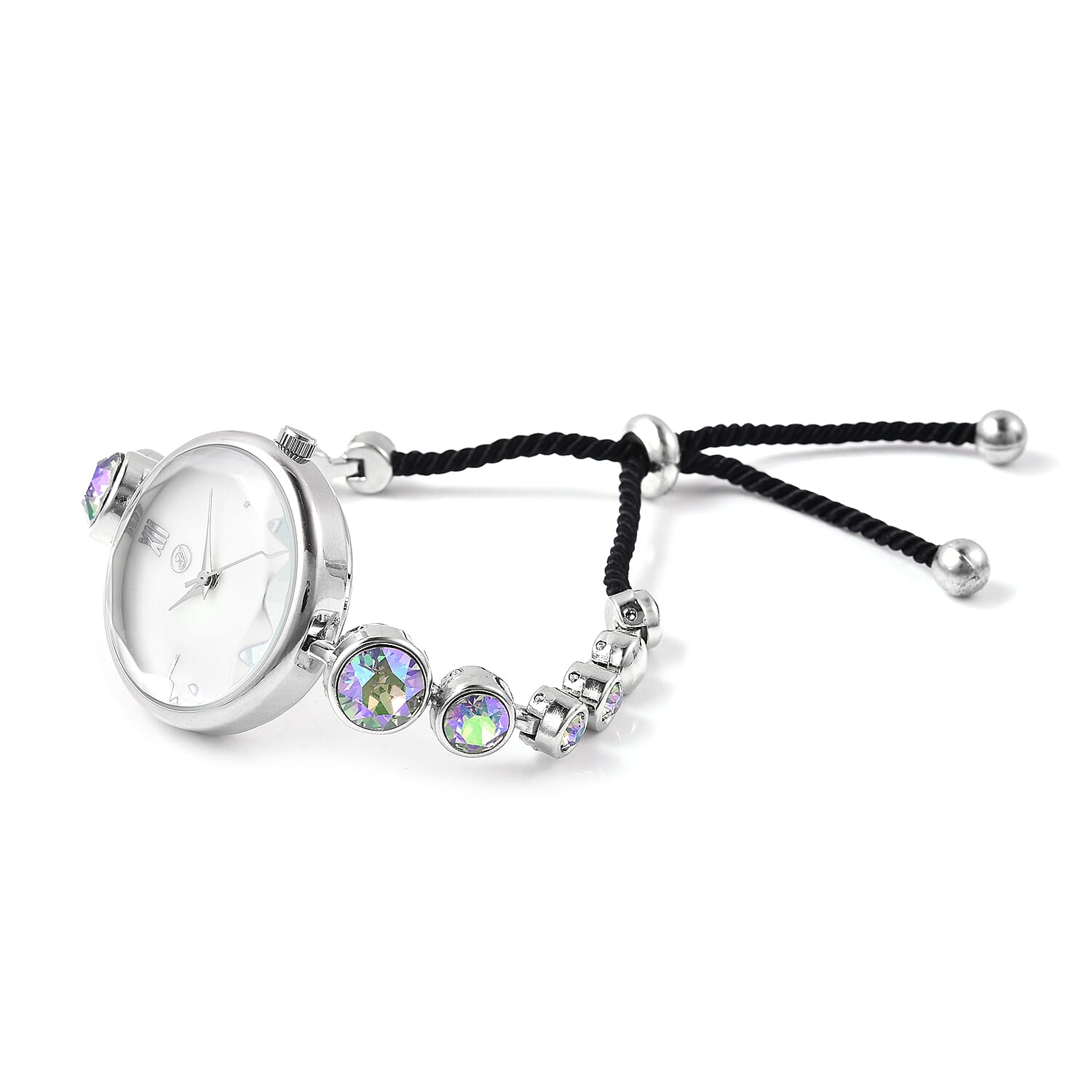 2 Piece Set - GENOA Japanese Movement Magic Colour  Crystal Studded Water Resistant Bracelet Watch and Adjustable Bolo Bracelet (Size 6-9.5) in Silver Tone