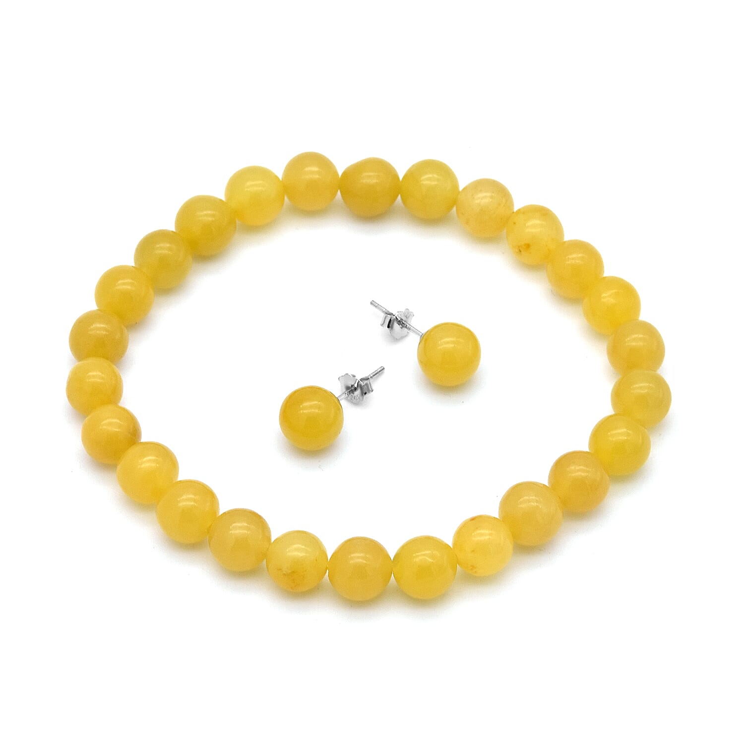 2 Piece Set -  Honey Jade Stretchable Bracelet (Size 7.5) and Stud Earrings (with Push Back) in Sterling Silver 128.00 Ct.