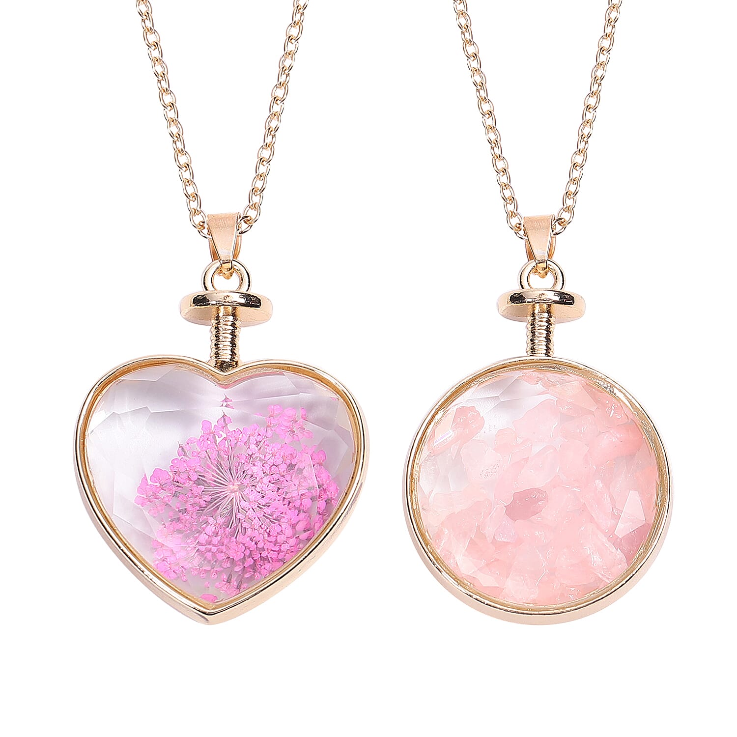 Set of 2 -  Rose Quartz and Dry Flower Pendant with Chain (Size 24) in Gold Tone 6.19 Ct.