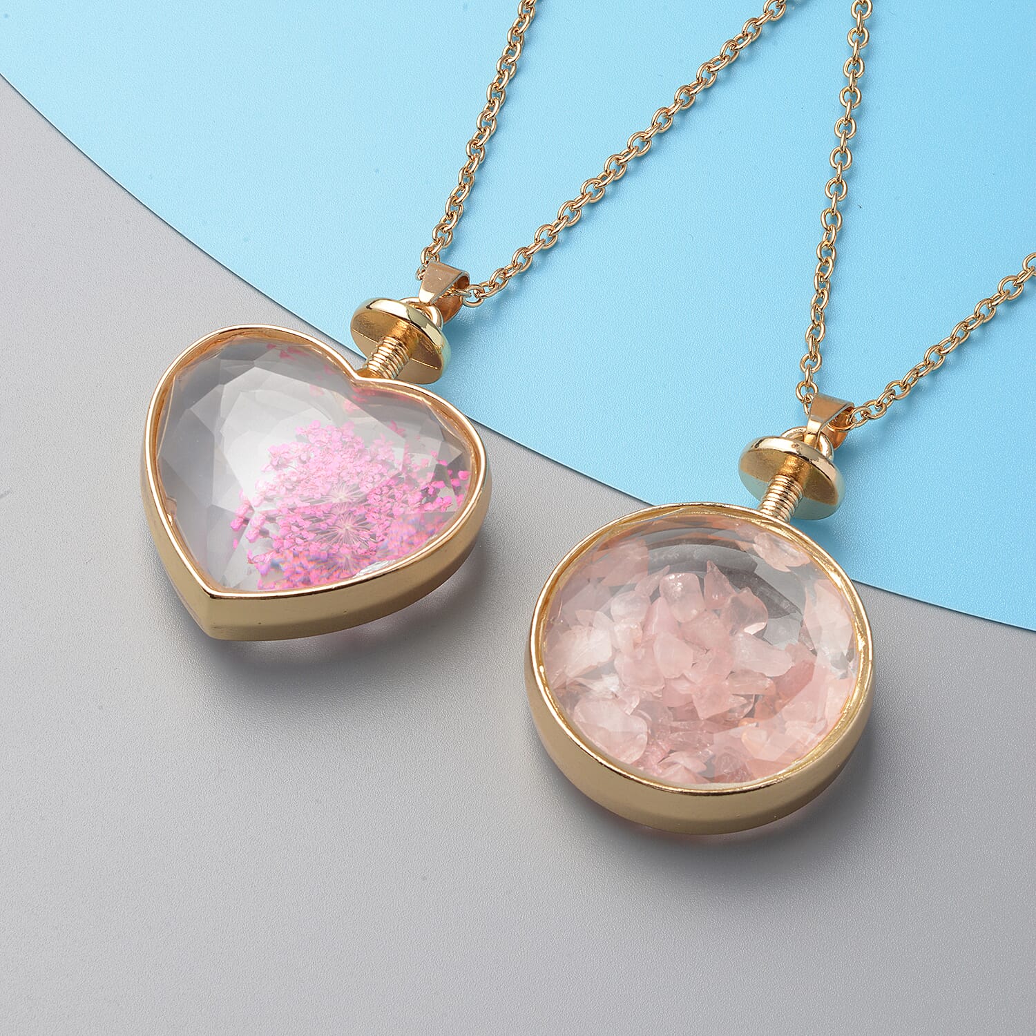 Set of 2 -  Rose Quartz and Dry Flower Pendant with Chain (Size 24) in Gold Tone 6.19 Ct.