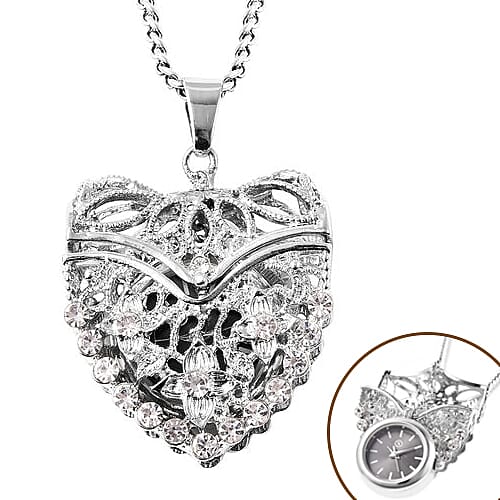 STRADA Japanese Movement Crystal Studded Hollow Heart Locket Watch