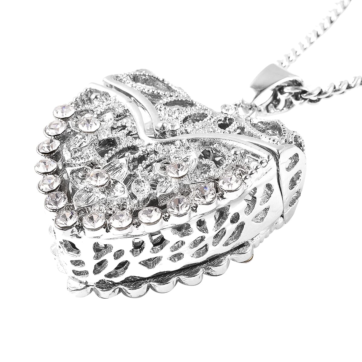 STRADA Japanese Movement Crystal Studded Hollow Heart Locket Watch