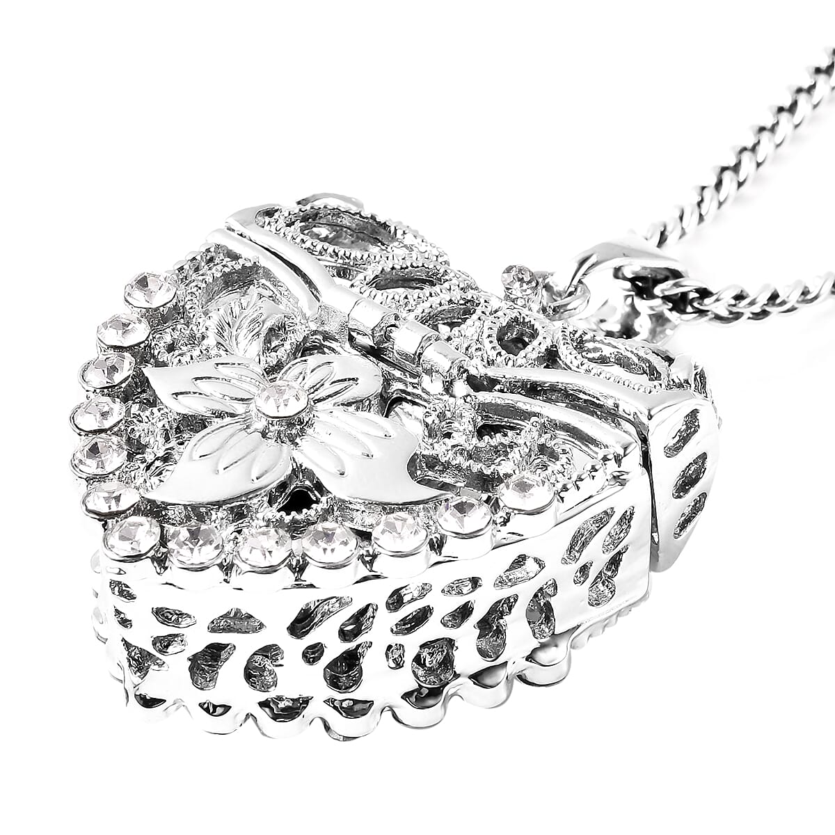 STRADA Japanese Movement Crystal Studded Hollow Heart Locket Watch