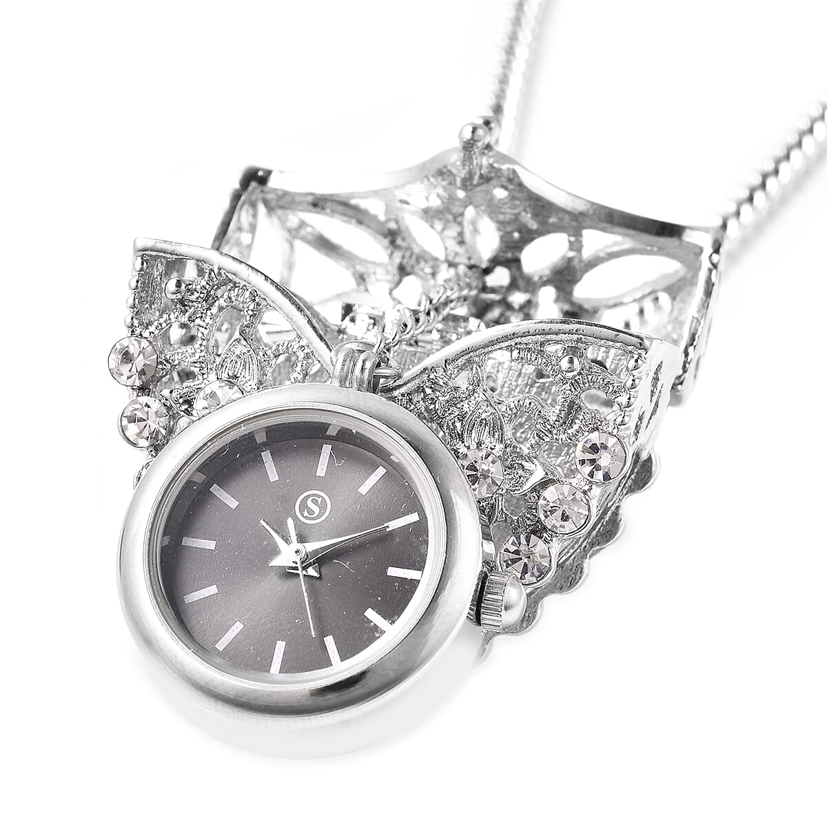 STRADA Japanese Movement Crystal Studded Hollow Heart Locket Watch