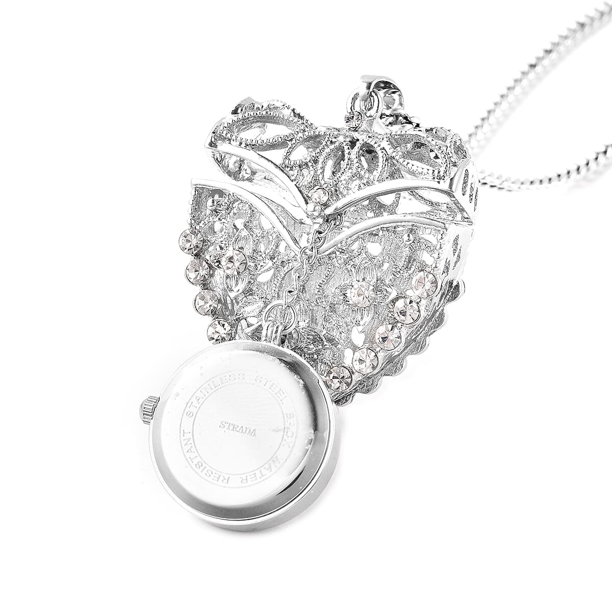 STRADA Japanese Movement Crystal Studded Hollow Heart Locket Watch