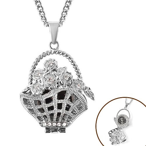 STRADA Japanese Movement Crystal Studded Hollow Flower Basket Locket Watch with Chain (Size 29 with 3 inch Extender)