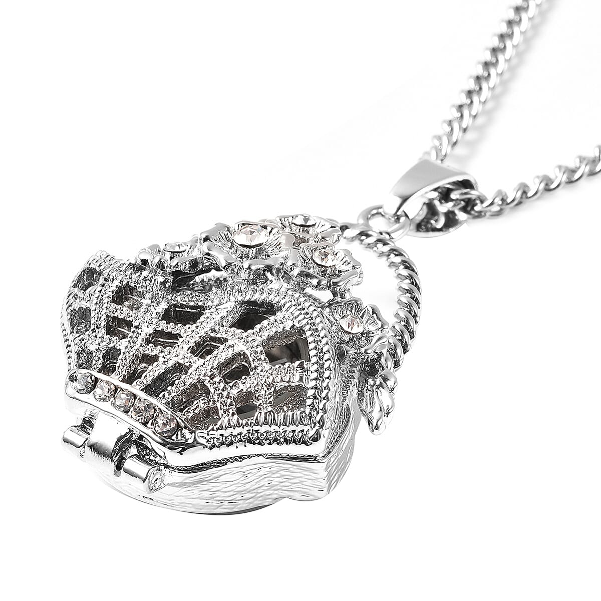 STRADA Japanese Movement Crystal Studded Hollow Flower Basket Locket Watch with Chain (Size 29 with 3 inch Extender)