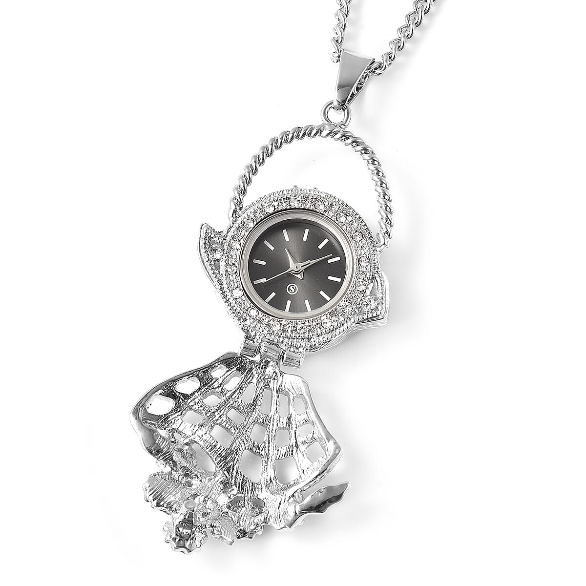 STRADA Japanese Movement Crystal Studded Hollow Flower Basket Locket Watch with Chain (Size 29 with 3 inch Extender)