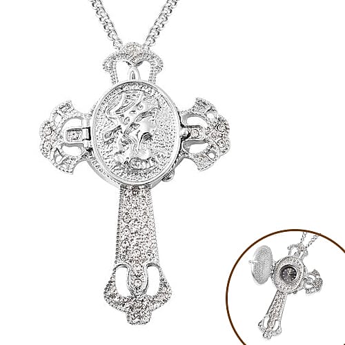 STRADA Japanese Movement Crystal Studded Hollow Cross Locket Watch with Chain (Size 29 with 3 inch Extender)