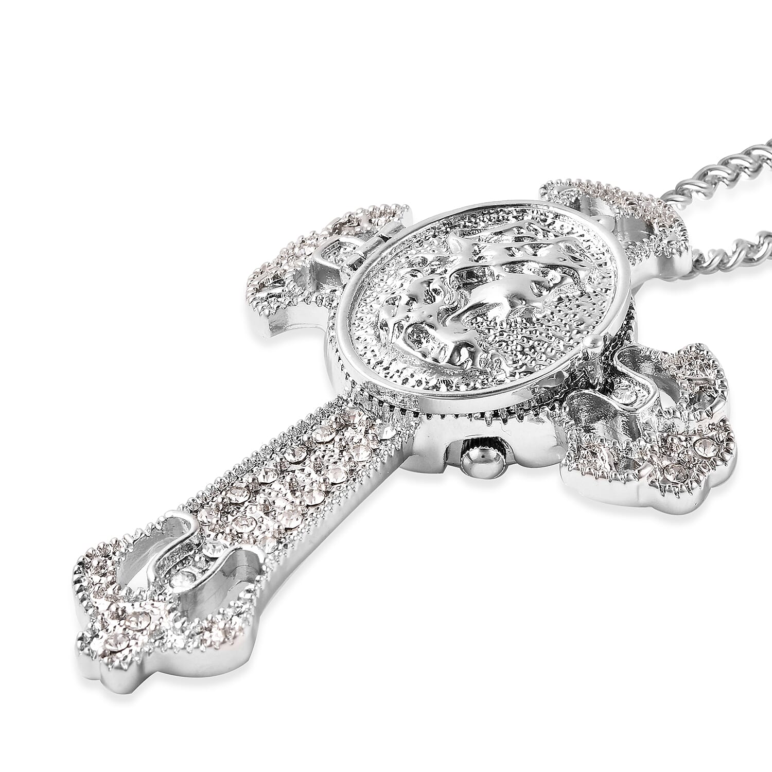 STRADA Japanese Movement Crystal Studded Hollow Cross Locket Watch with Chain (Size 29 with 3 inch Extender)