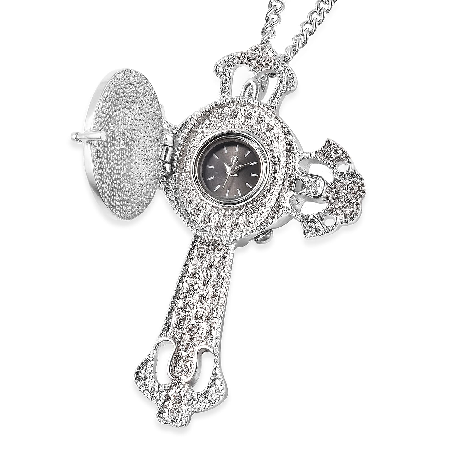 STRADA Japanese Movement Crystal Studded Hollow Cross Locket Watch with Chain (Size 29 with 3 inch Extender)