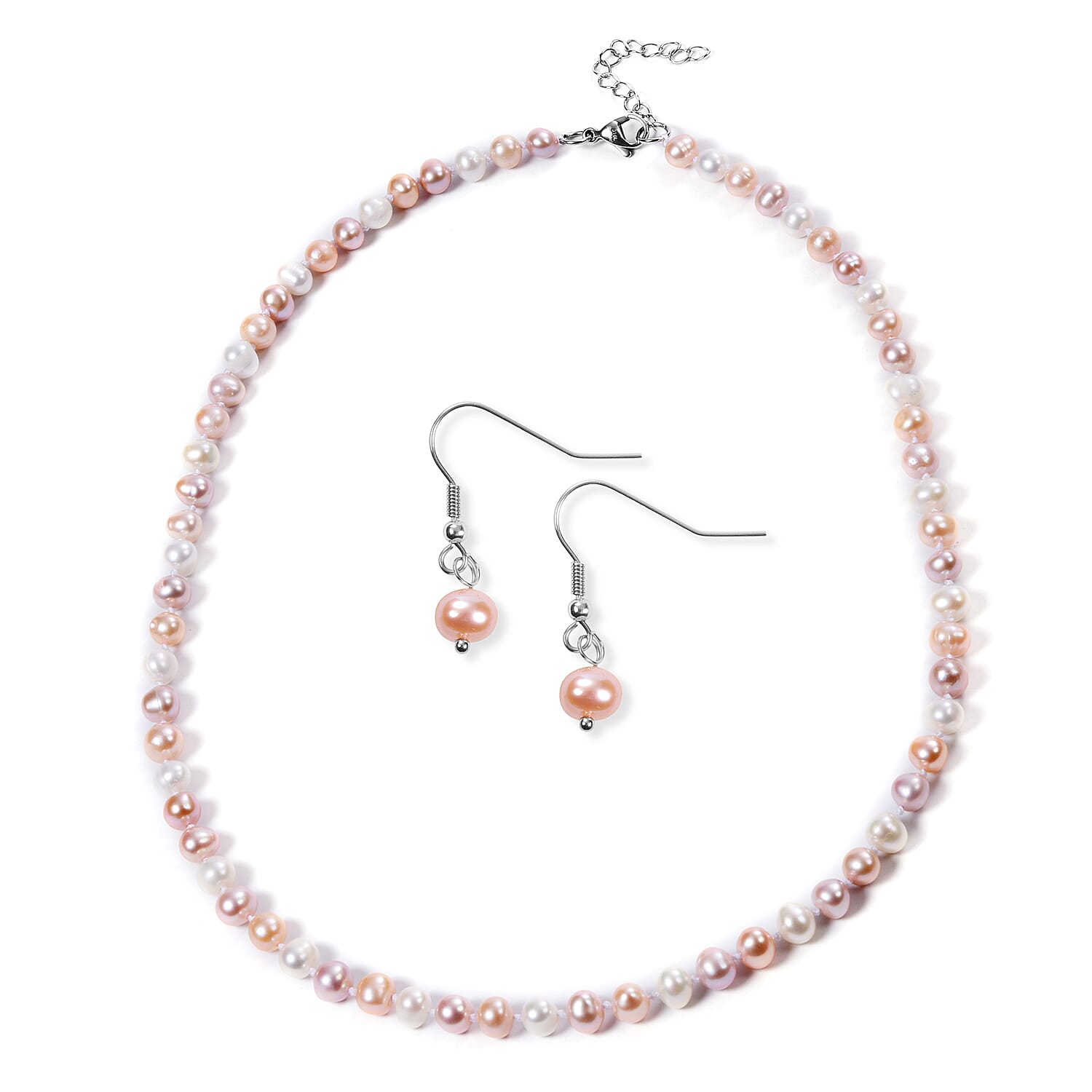 2 Piece Set - Peach and Multi Colour Freshwater Pearl Necklace (Size 20 with 2 inch Extender) and Hook Earrings