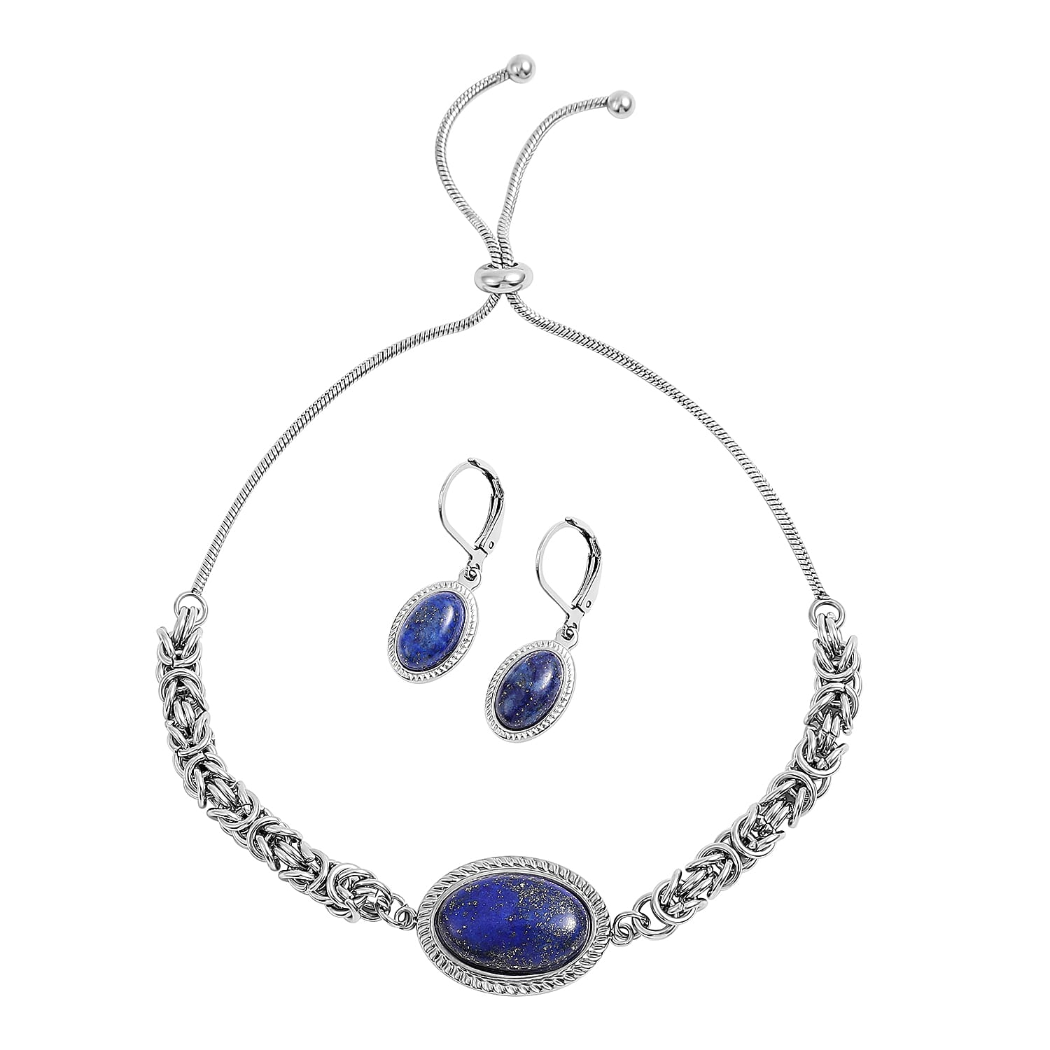 2 Piece Set - Lapis Lazuli Bracelet Size 6.5-11 Inch Adjustable with Earrings in Sterling Silver