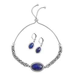 2 Piece Set - Lapis Lazuli Bracelet Size 6.5-11 Inch Adjustable with Earrings in Sterling Silver