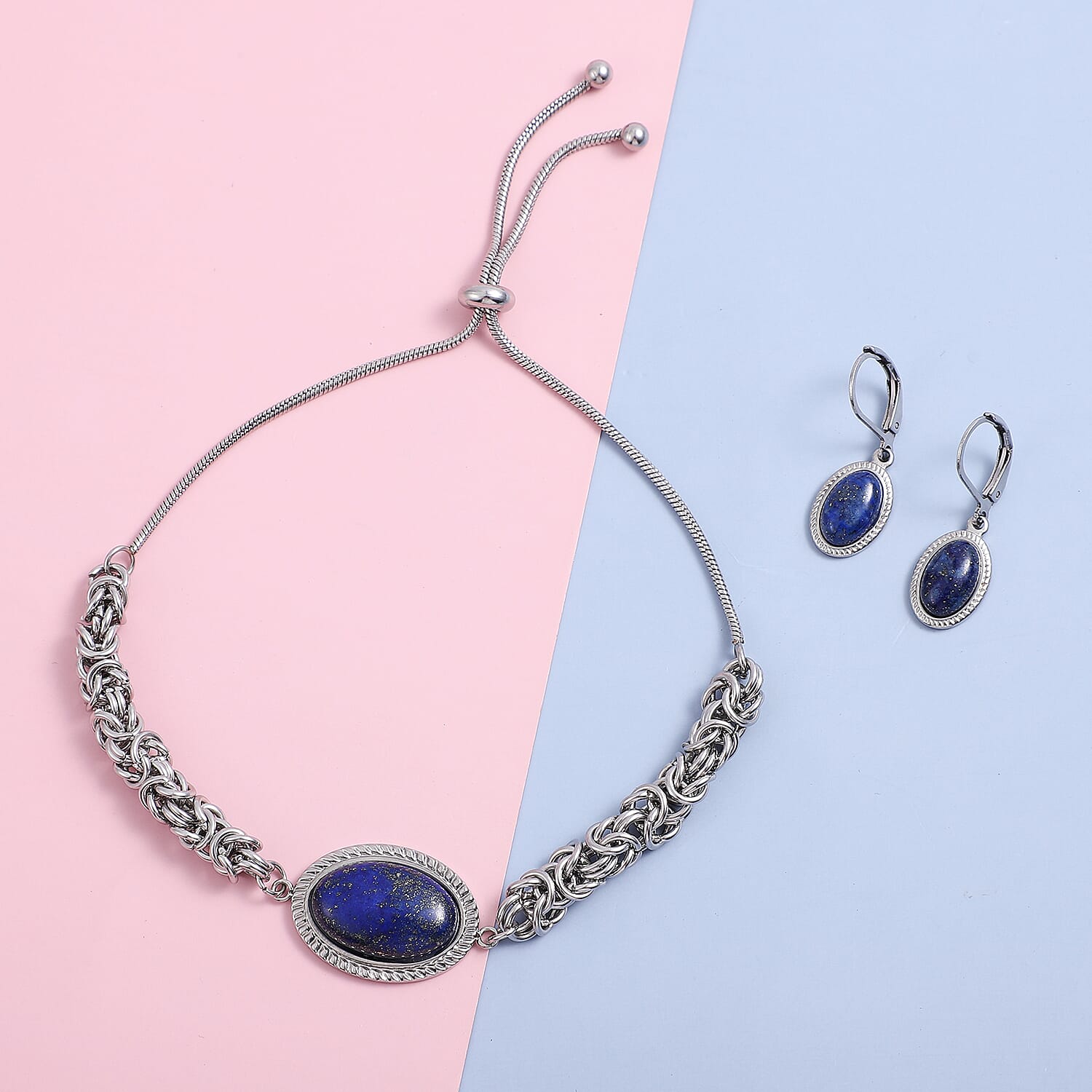 2 Piece Set - Lapis Lazuli Bracelet Size 6.5-11 Inch Adjustable with Earrings in Sterling Silver
