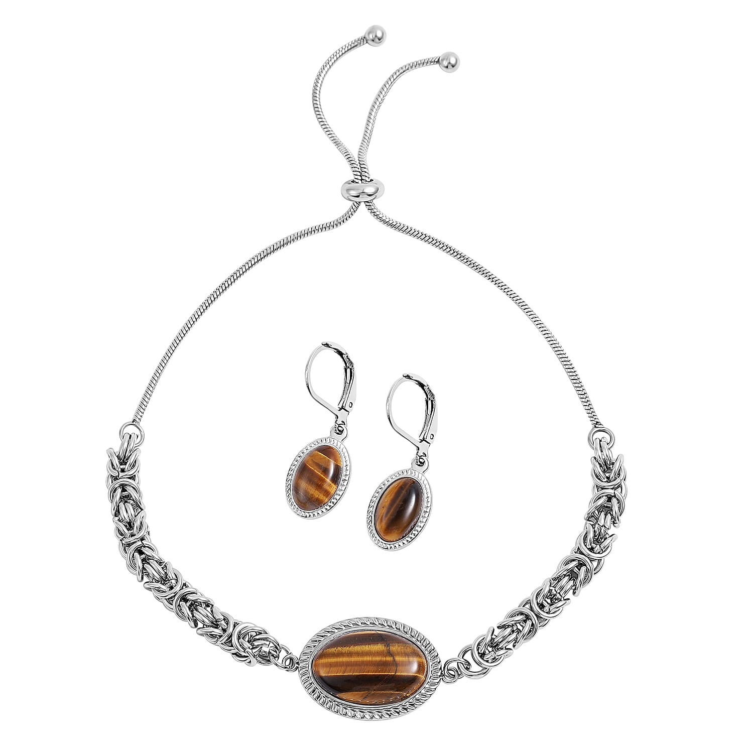2 Piece Set - Yellow Tigers Eye Bracelet (Size 6.5-11 Inch Adjustable) and Earrings With Lever Back in Stainless Steel