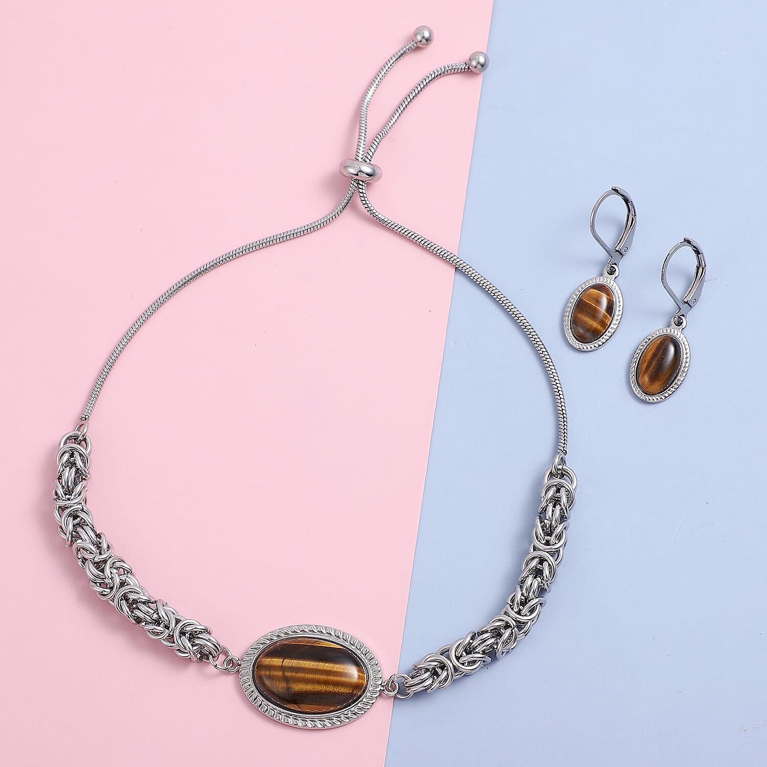 2 Piece Set - Yellow Tigers Eye Bracelet (Size 6.5-11 Inch Adjustable) and Earrings With Lever Back in Stainless Steel