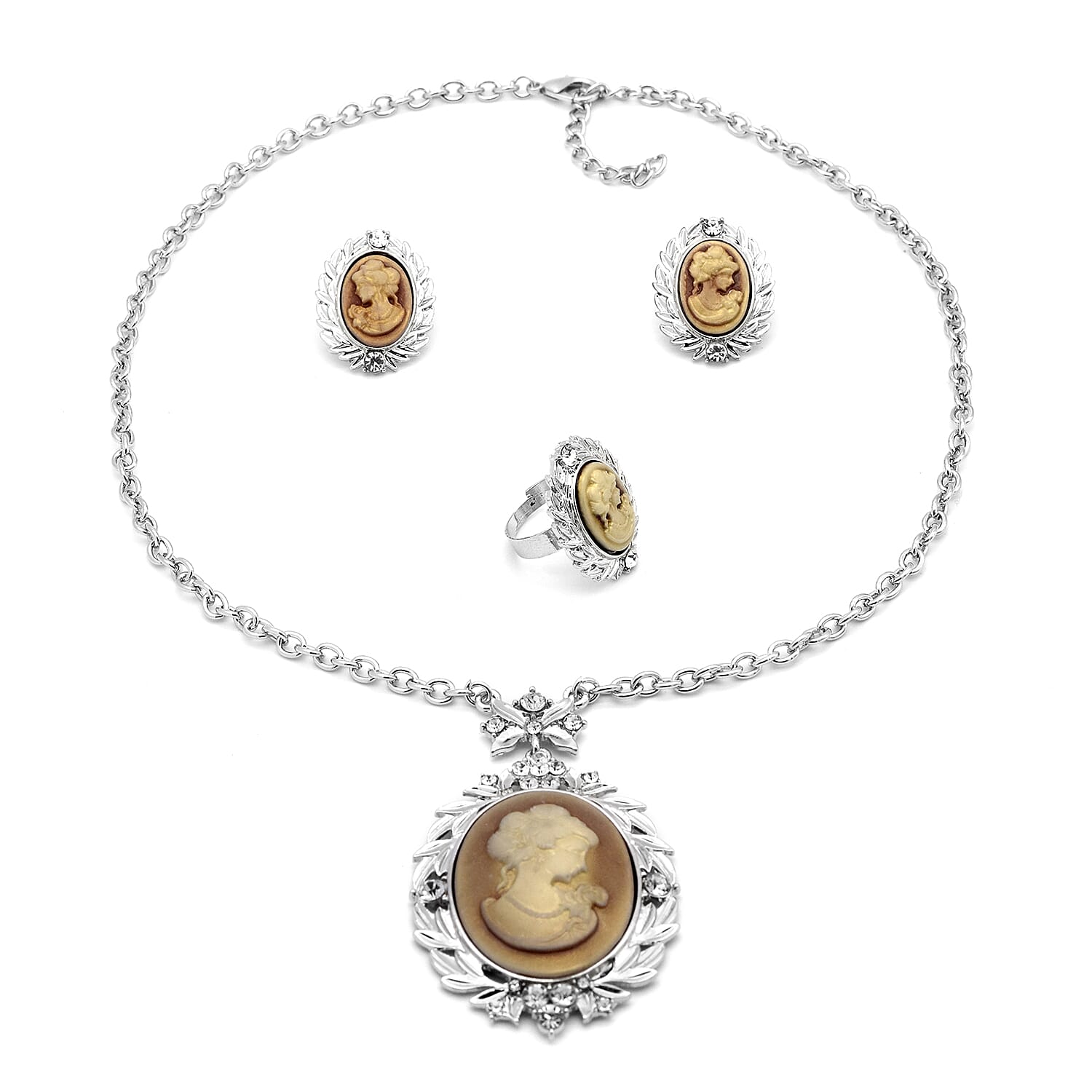 3 Piece Set - White Austrian Crystal Adjustable Ring, Vintage Style Cameo Necklace (Size 20 with 2 inch Ext.) and Earrings (with push Back) in Silver Tone