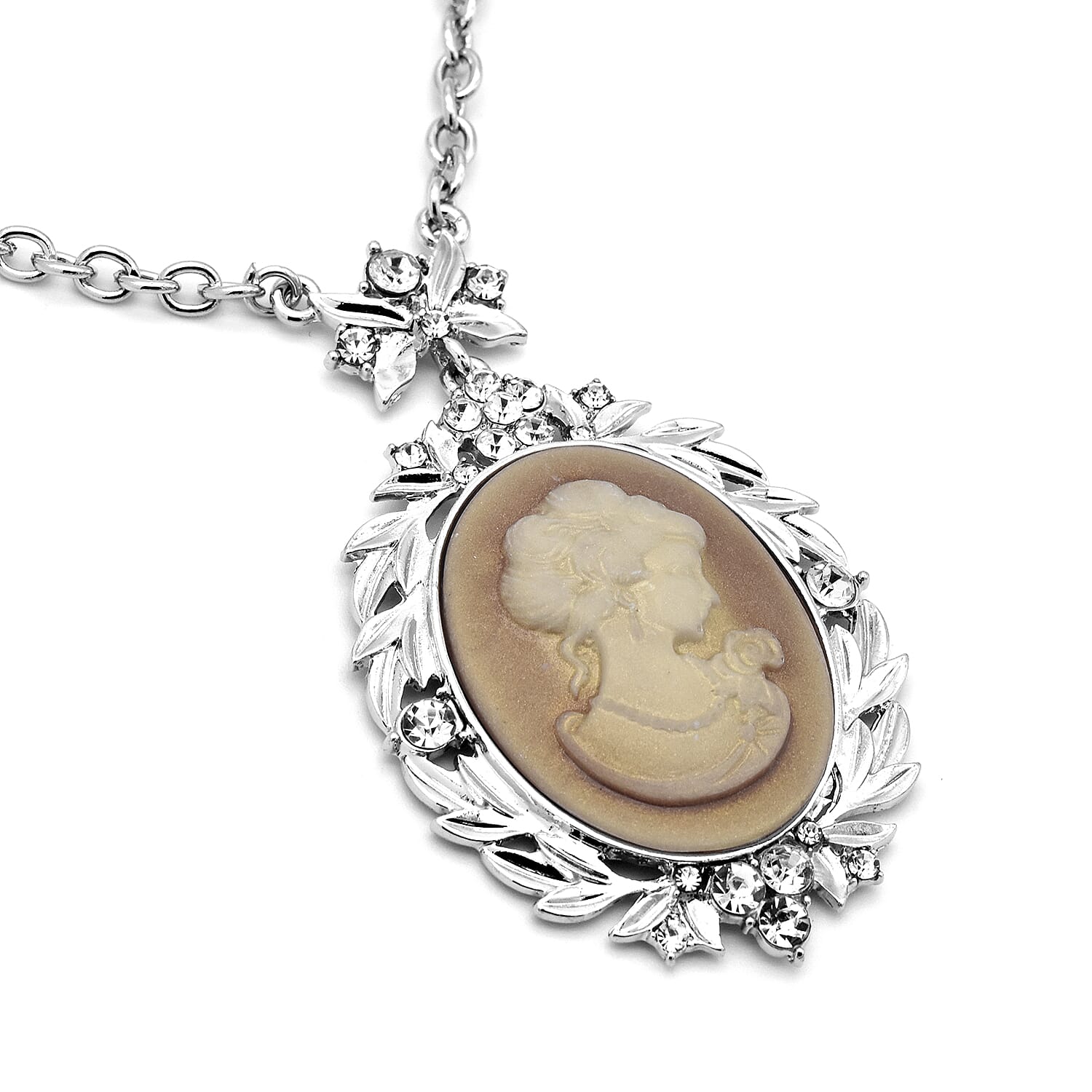 3 Piece Set - White Austrian Crystal Adjustable Ring, Vintage Style Cameo Necklace (Size 20 with 2 inch Ext.) and Earrings (with push Back) in Silver Tone