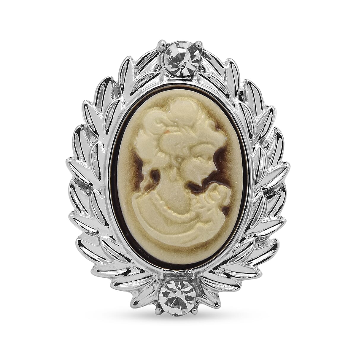 3 Piece Set - White Austrian Crystal Adjustable Ring, Vintage Style Cameo Necklace (Size 20 with 2 inch Ext.) and Earrings (with push Back) in Silver Tone