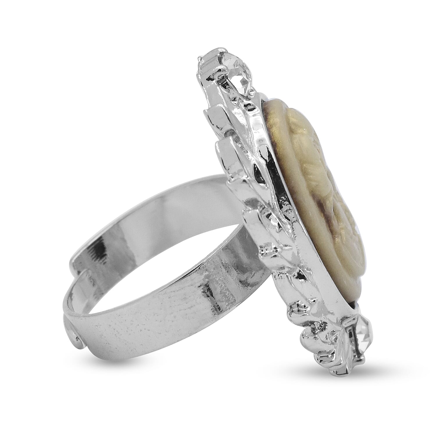 3 Piece Set - White Austrian Crystal Adjustable Ring, Vintage Style Cameo Necklace (Size 20 with 2 inch Ext.) and Earrings (with push Back) in Silver Tone