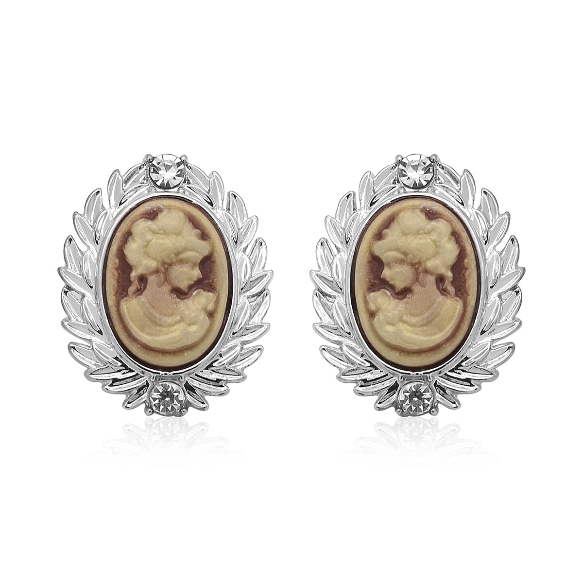 3 Piece Set - White Austrian Crystal Adjustable Ring, Vintage Style Cameo Necklace (Size 20 with 2 inch Ext.) and Earrings (with push Back) in Silver Tone