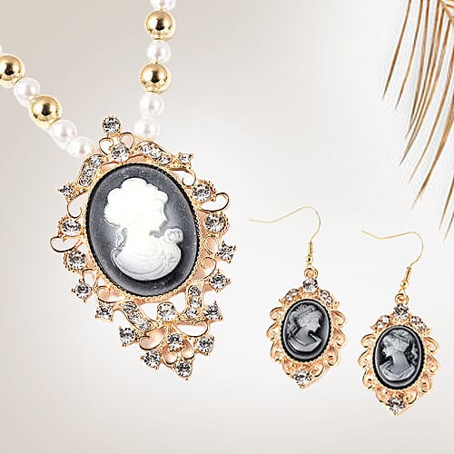 2 Piece Set - Simulated White Pearl, White Austrian Crystal Vintage Style Cameo Necklace (Size 20 with 2 inch Ext.) and Earrings (with push Back) in Gold Tone