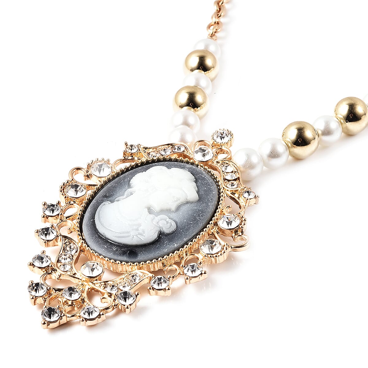 2 Piece Set - Simulated White Pearl, White Austrian Crystal Vintage Style Cameo Necklace (Size 20 with 2 inch Ext.) and Earrings (with push Back) in Gold Tone